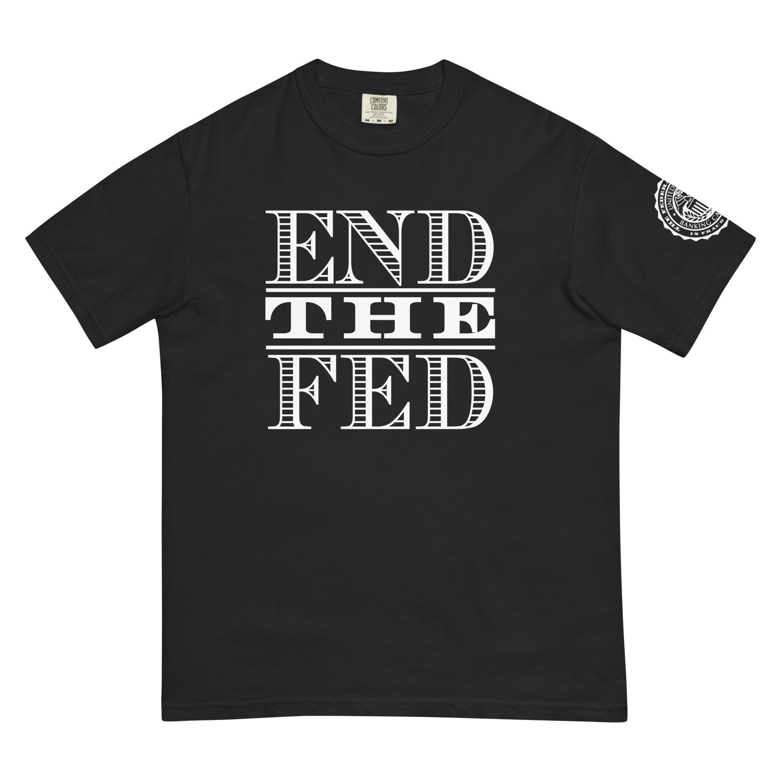 Front view of black “End the Fed” heavyweight T-shirt – Ron Paul 90th Birthday Tribute