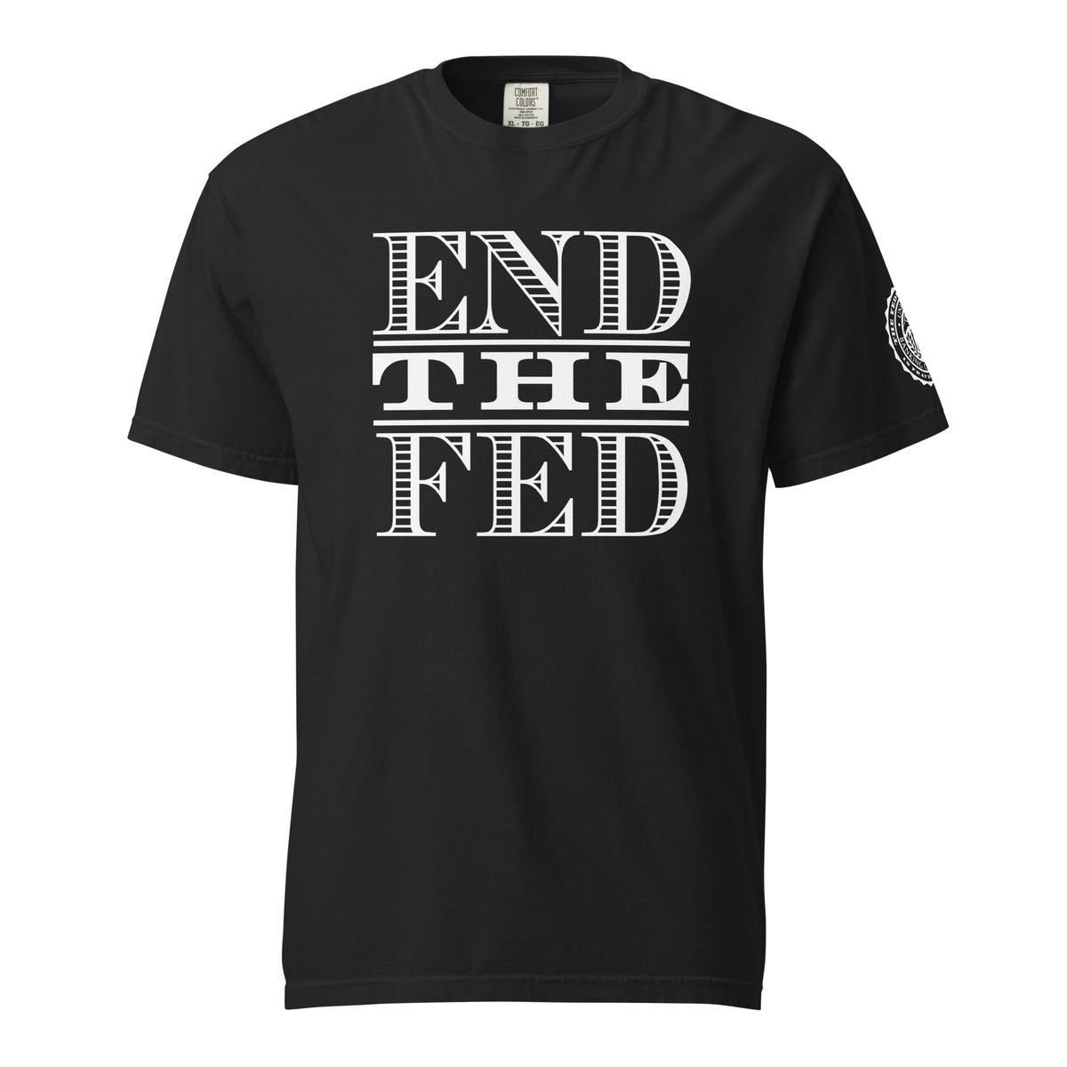 Front view of black “End the Fed” heavyweight T-shirt – Ron Paul 90th Birthday Tribute