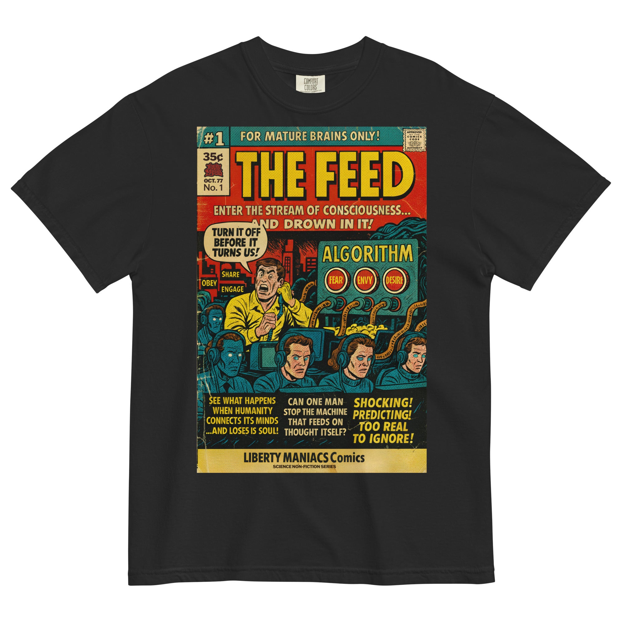 Black t-shirt with a comic book cover design on a white background