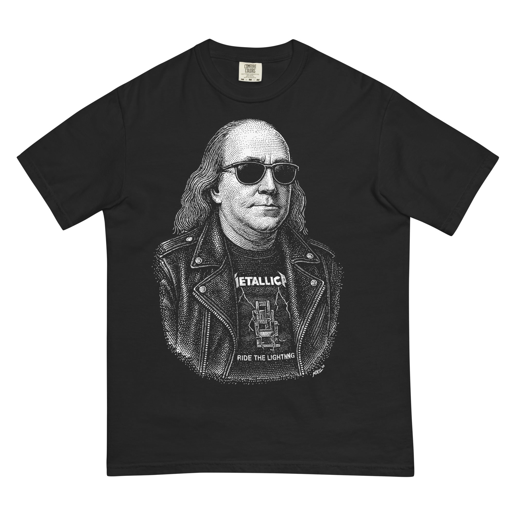 Ben Franklin Rebel Patriot black t-shirt by Liberty Maniacs laying flat