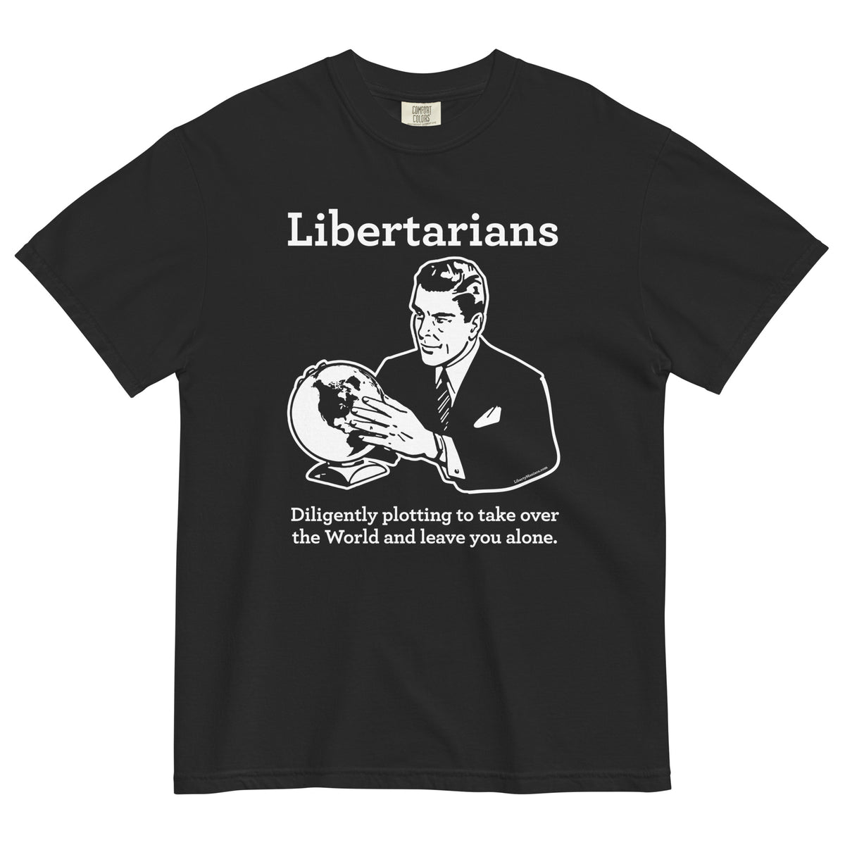 Black t-shirt with a graphic of a man holding a globe and text on a white background