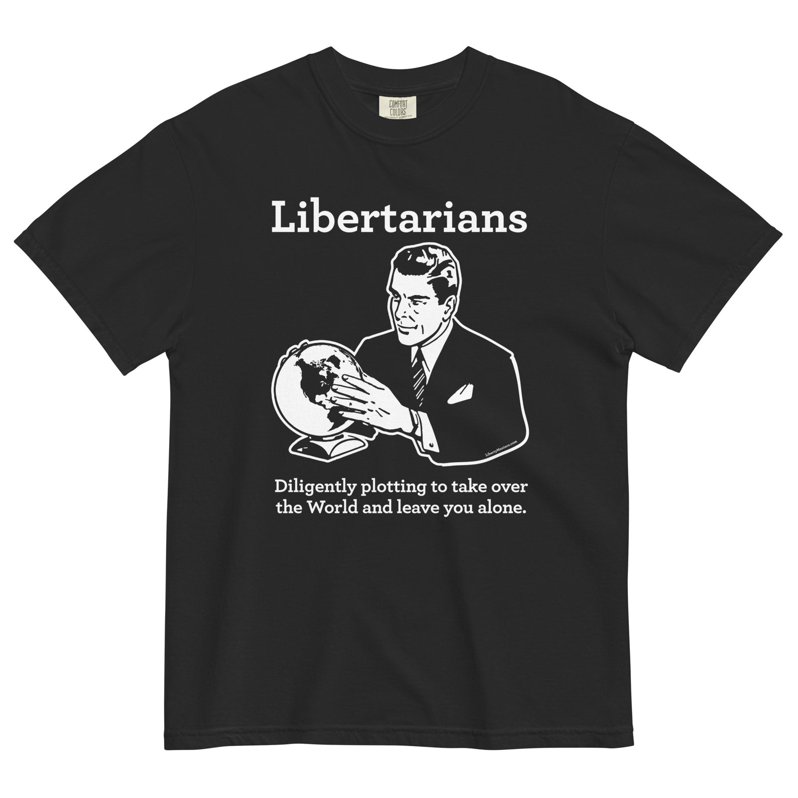 Black t-shirt with a graphic of a man holding a globe and text on a white background