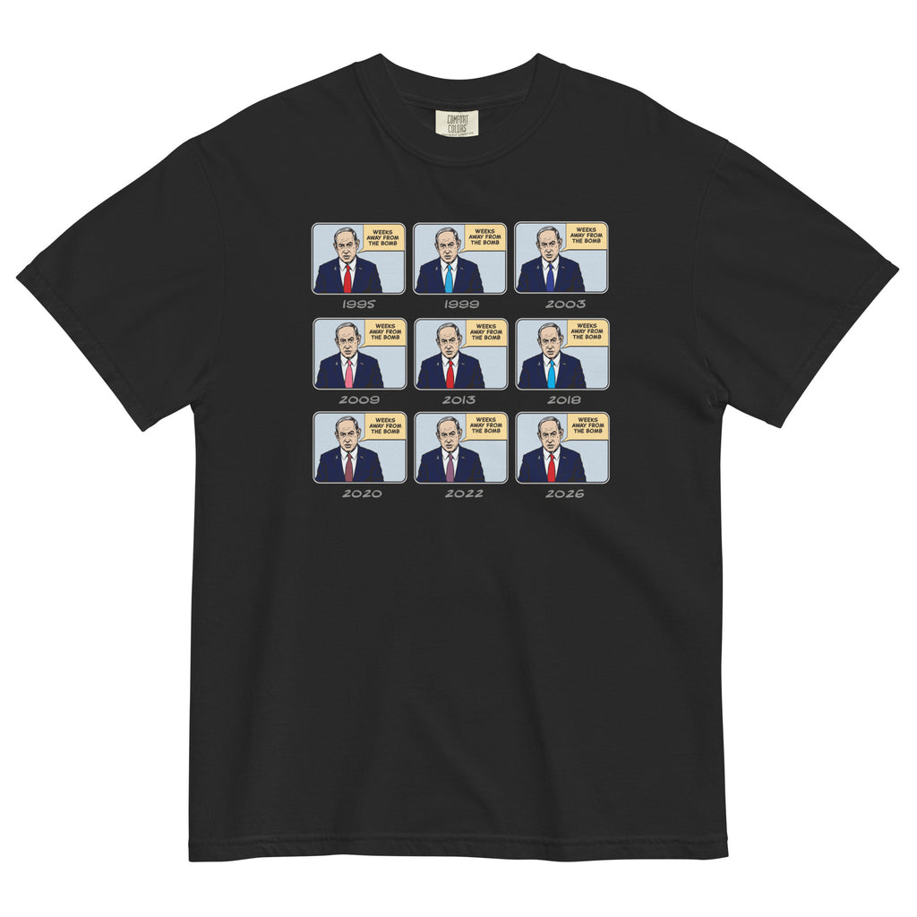Black t-shirt with a graphic of a man in different poses over the years 2009 to 2026 on a white background.
