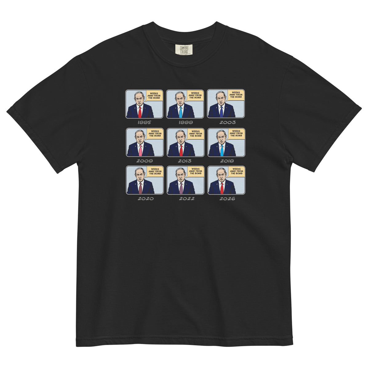 Black t-shirt with a graphic of a man in different poses over the years 2009 to 2026 on a white background.