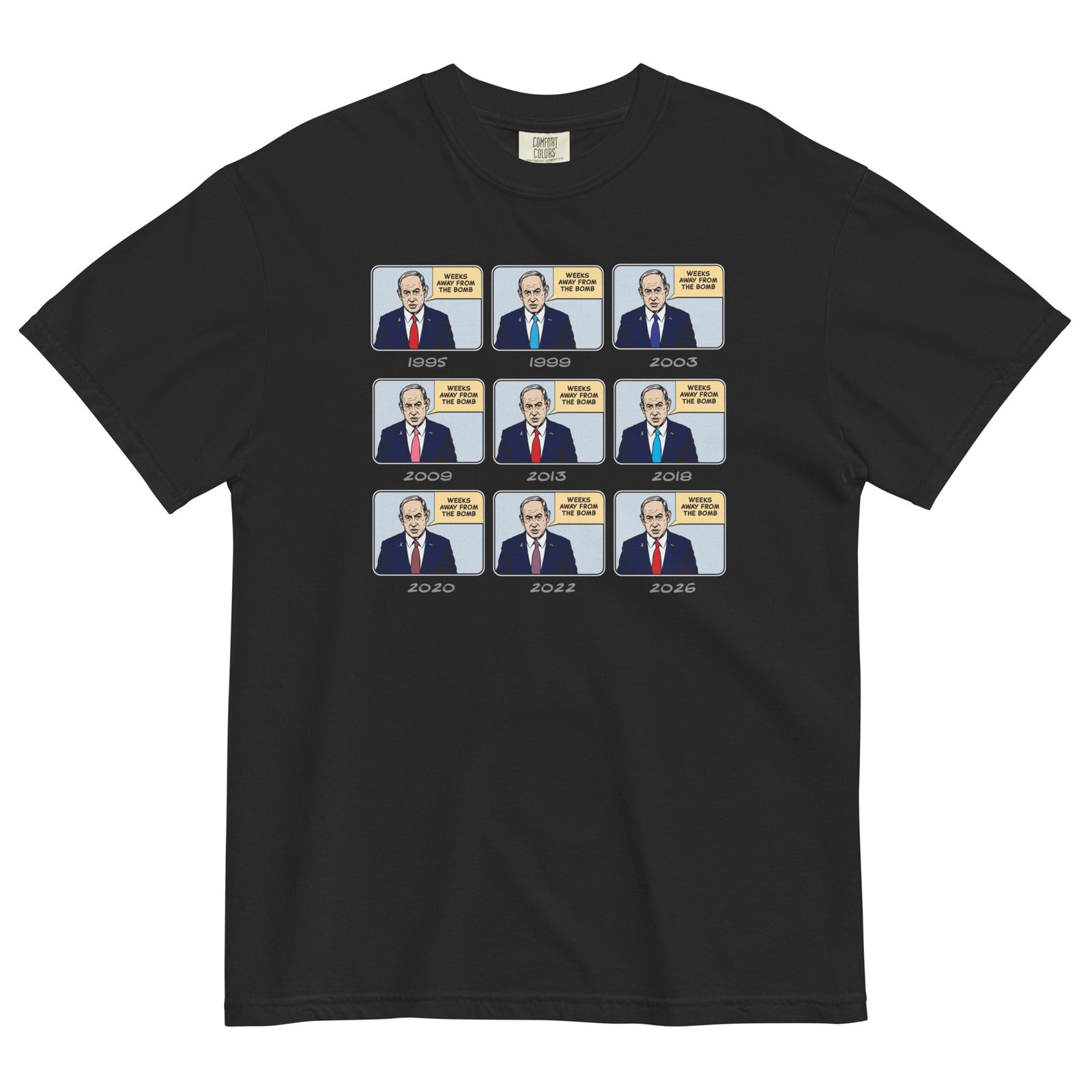 Black t-shirt with a graphic of a man in different poses over the years 2009 to 2026 on a white background.