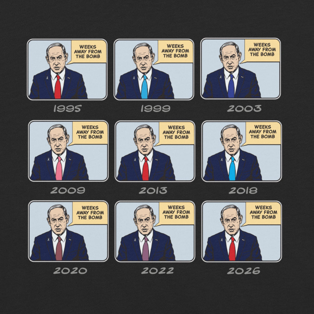 Black t-shirt with a graphic of a man in different poses over the years 2009 to 2026 on a white background.
