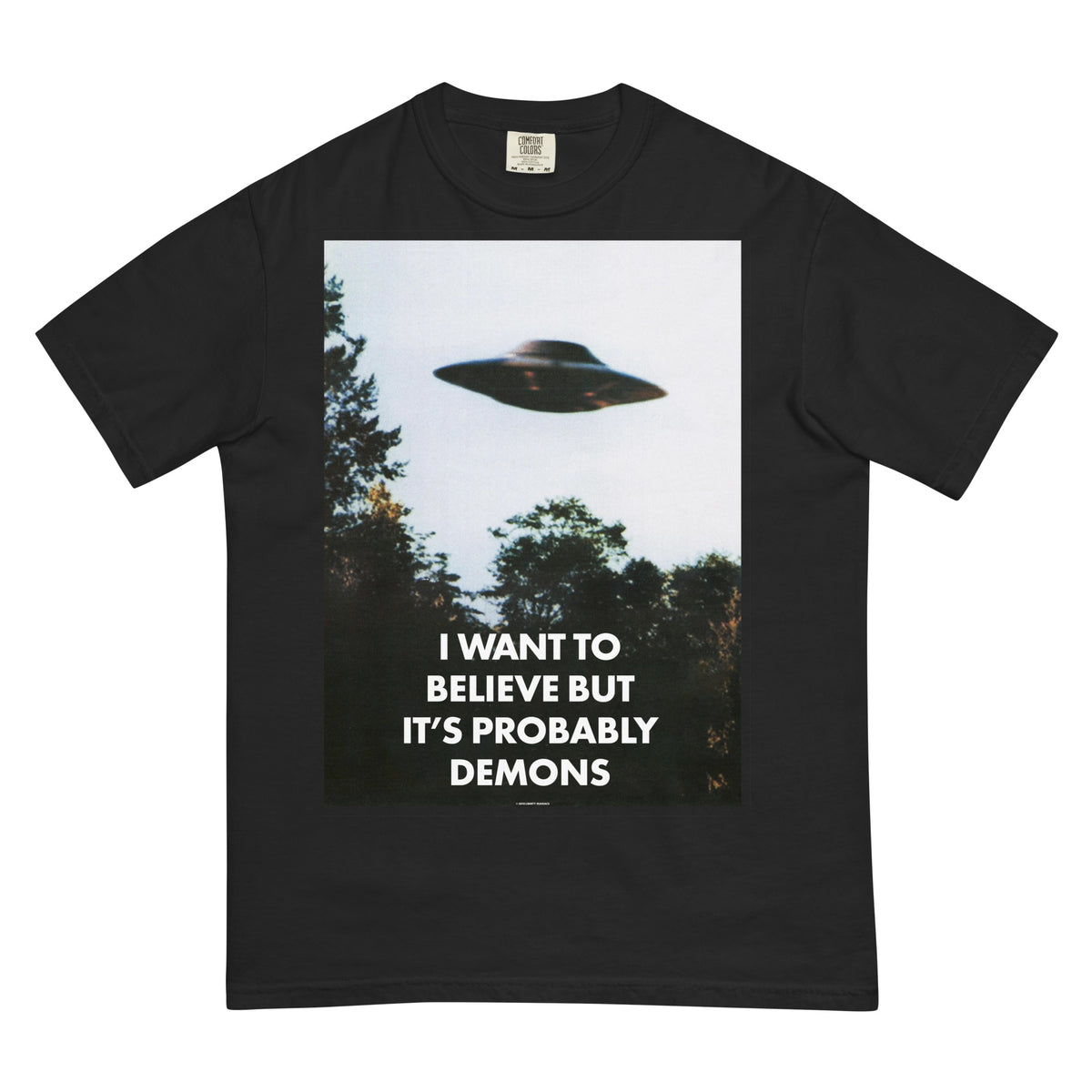 Black t-shirt with a graphic of a UFO and text 'I want to believe but it's probably demons' on a white background.