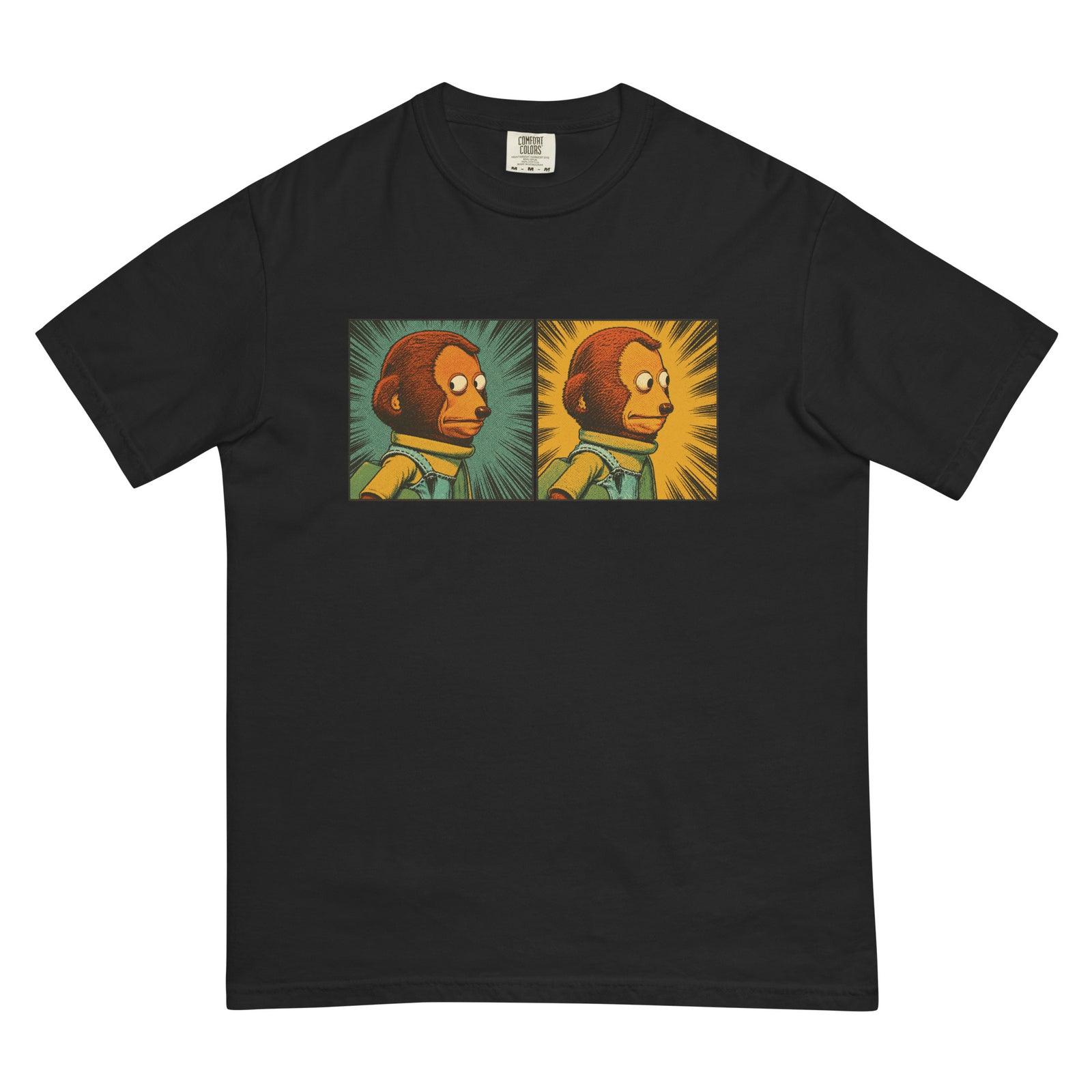 garment-dyed graphic T-shirt featuring a two-panel vintage comic-style monkey making an awkward side-eye expression.