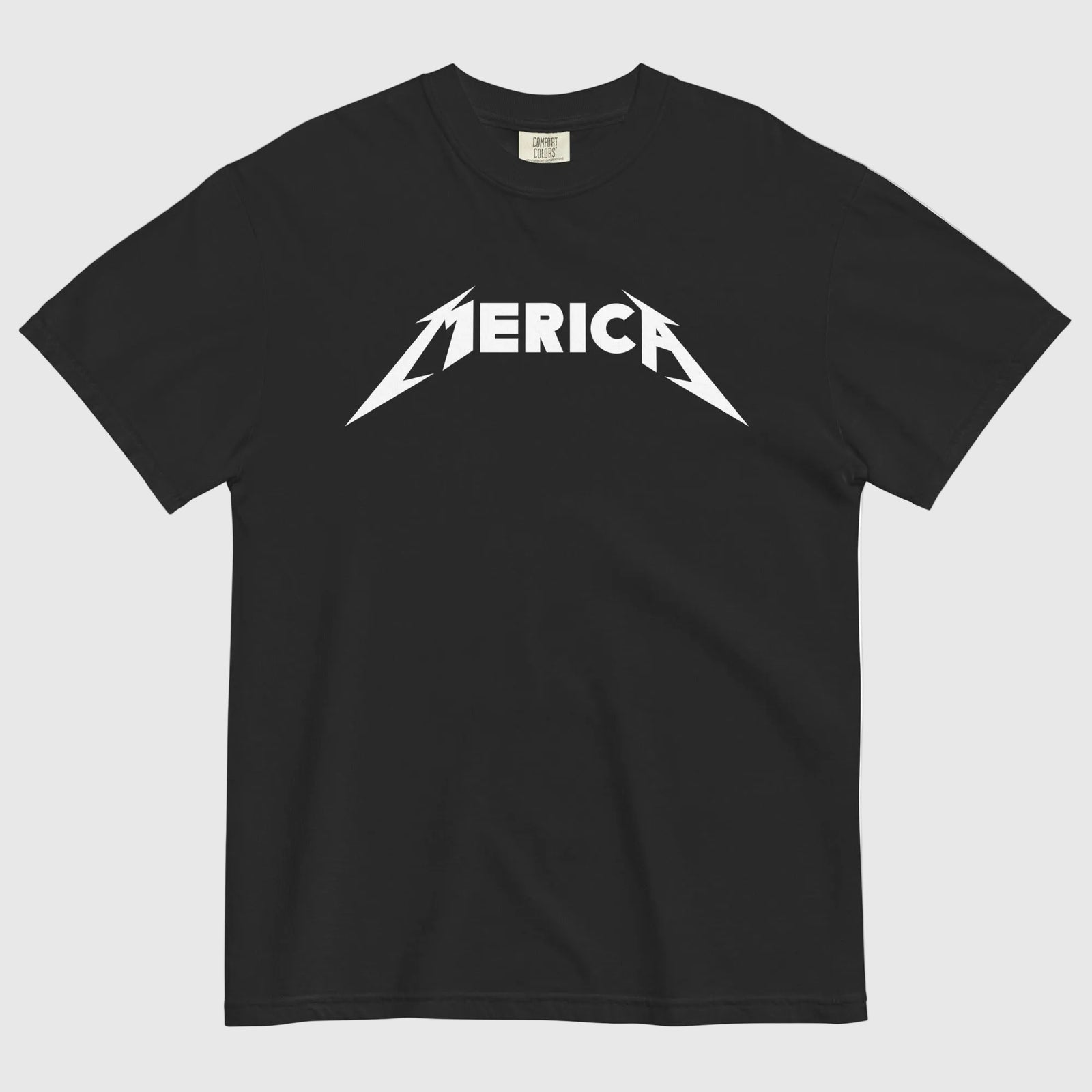 Black t-shirt with 'MERICA' graphic design on a light gray background