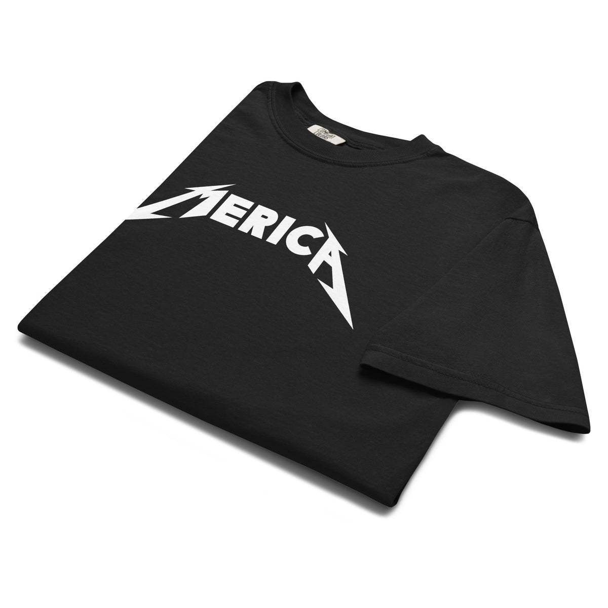 Black t-shirt with 'MERICA' graphic design on a white background