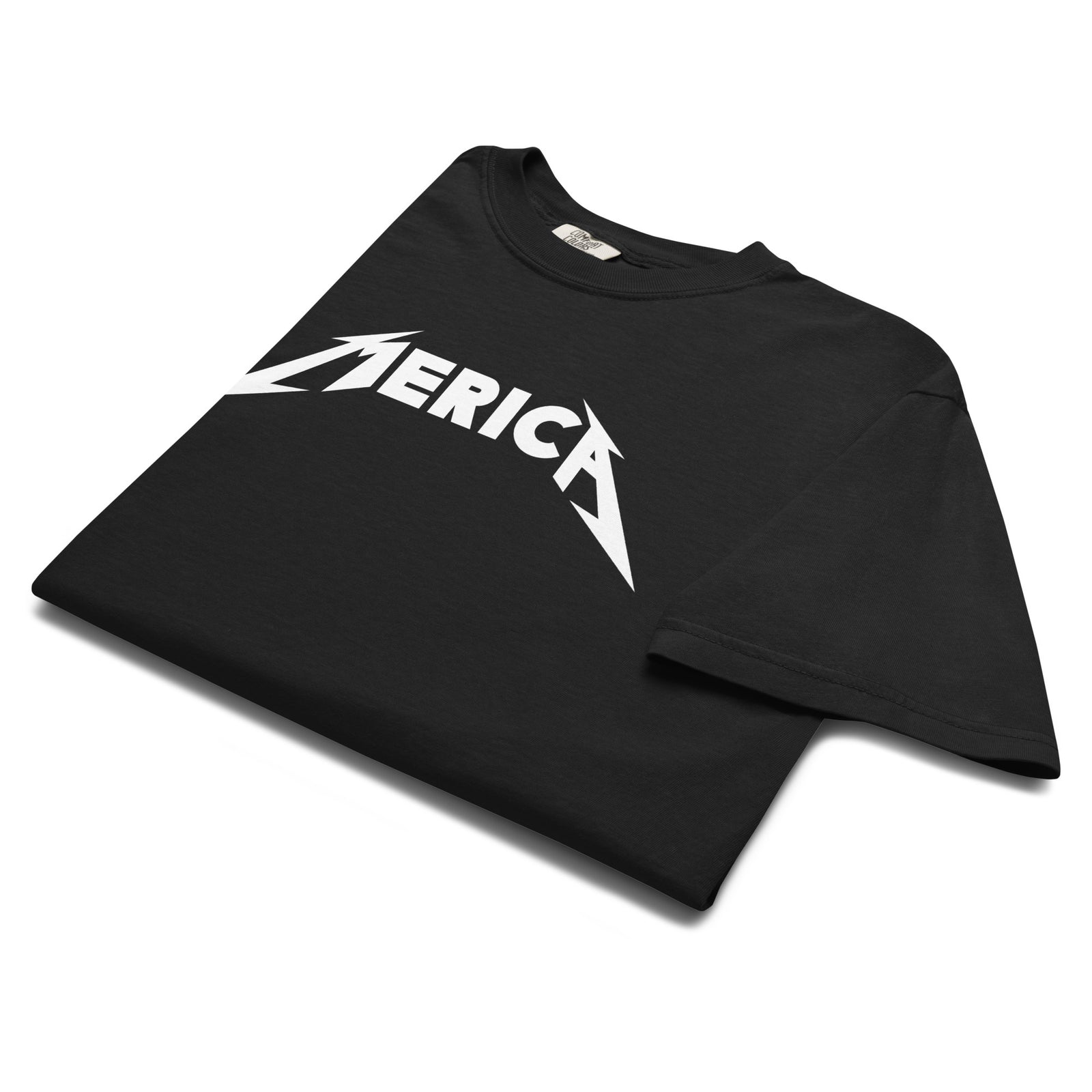 Black t-shirt with 'MERICA' graphic design on a white background