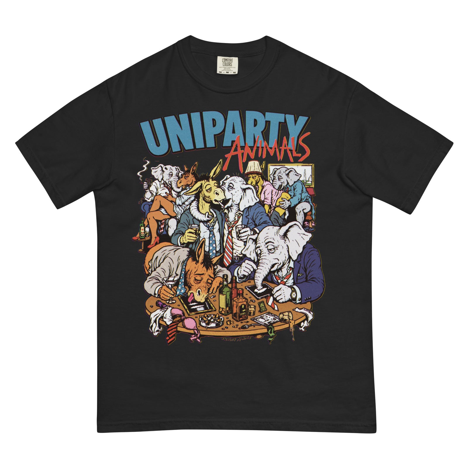 A black short-sleeve graphic t-shirt featuring a colorful cartoon illustration of animals playing cards, with the text 'UNIPARTY ANIMALS' printed above. The shirt is displayed flat against a solid white background.