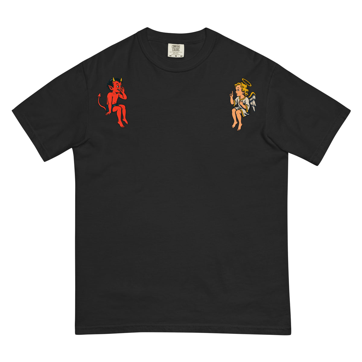 Black heavyweight angel and devil shoulder T-shirt laid flat, front view