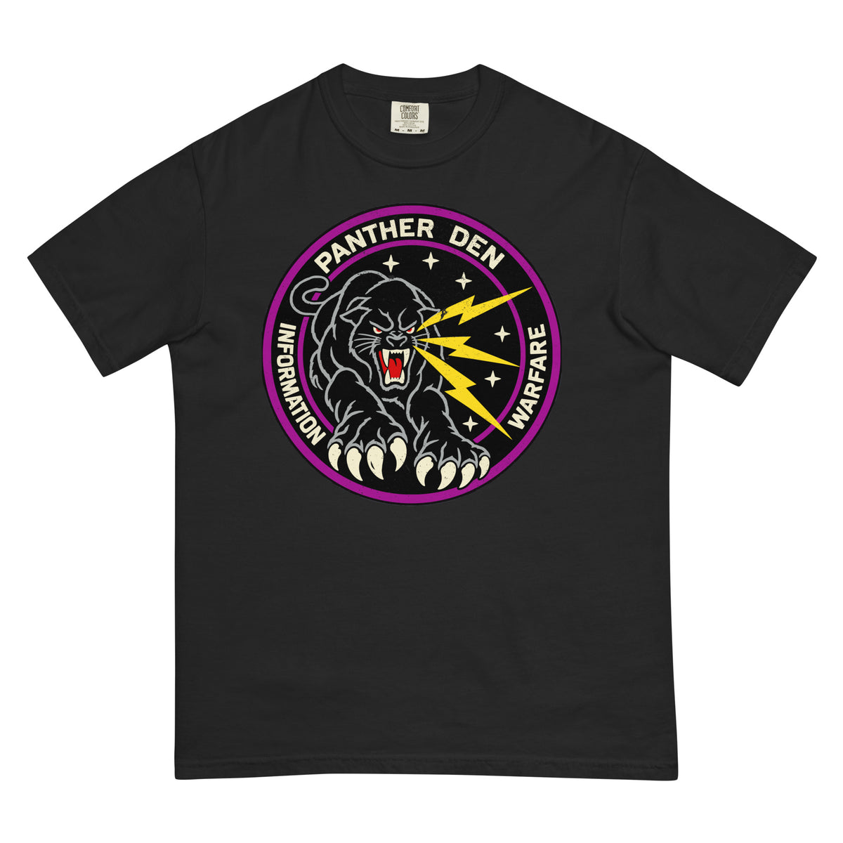 Panther Den Information Warfare T-shirt in black, front view