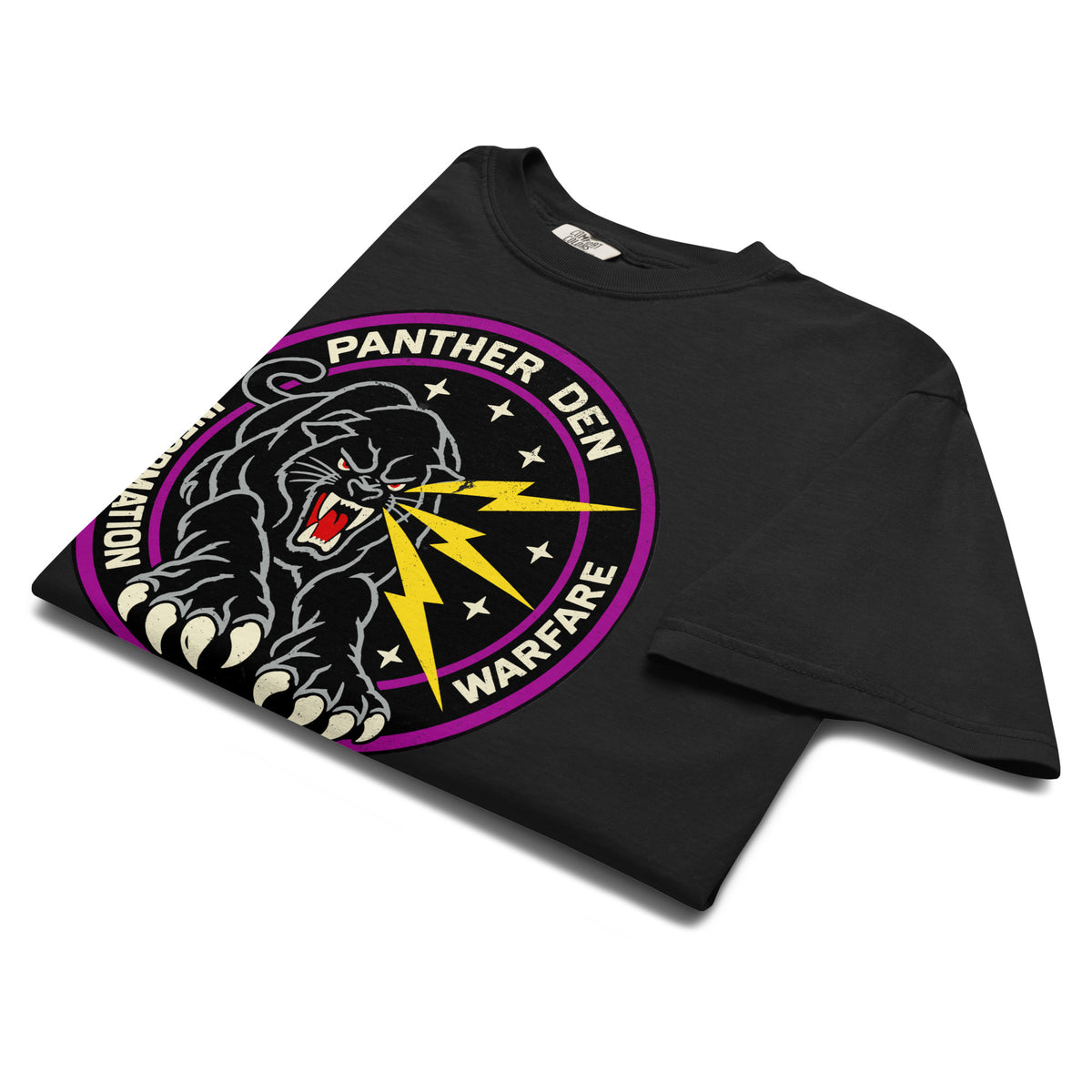 Panther Den Information Warfare heavyweight T-shirt in black, additional front view