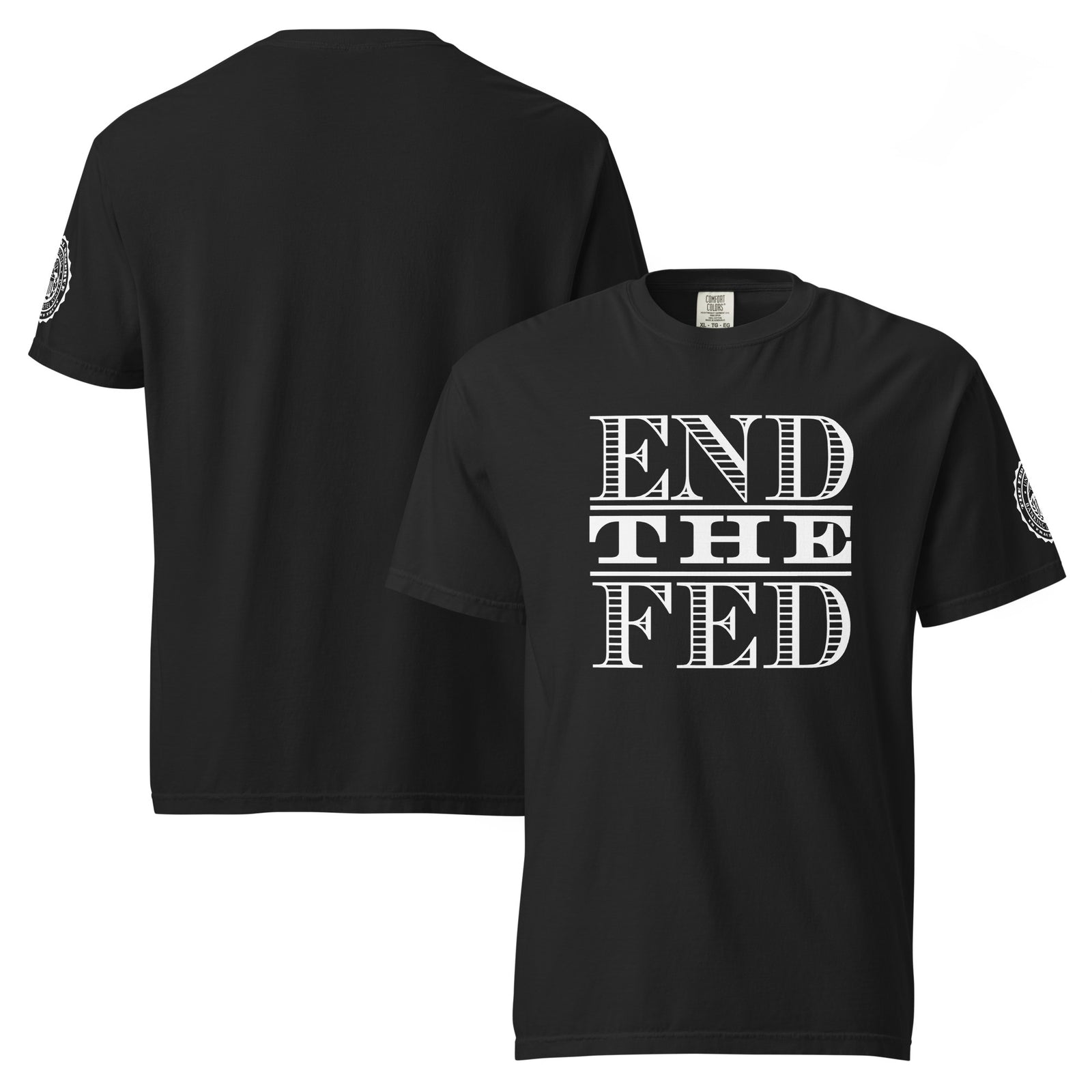 Front and back view of black “End the Fed” heavyweight T-shirt – Ron Paul 90th Birthday Tribute