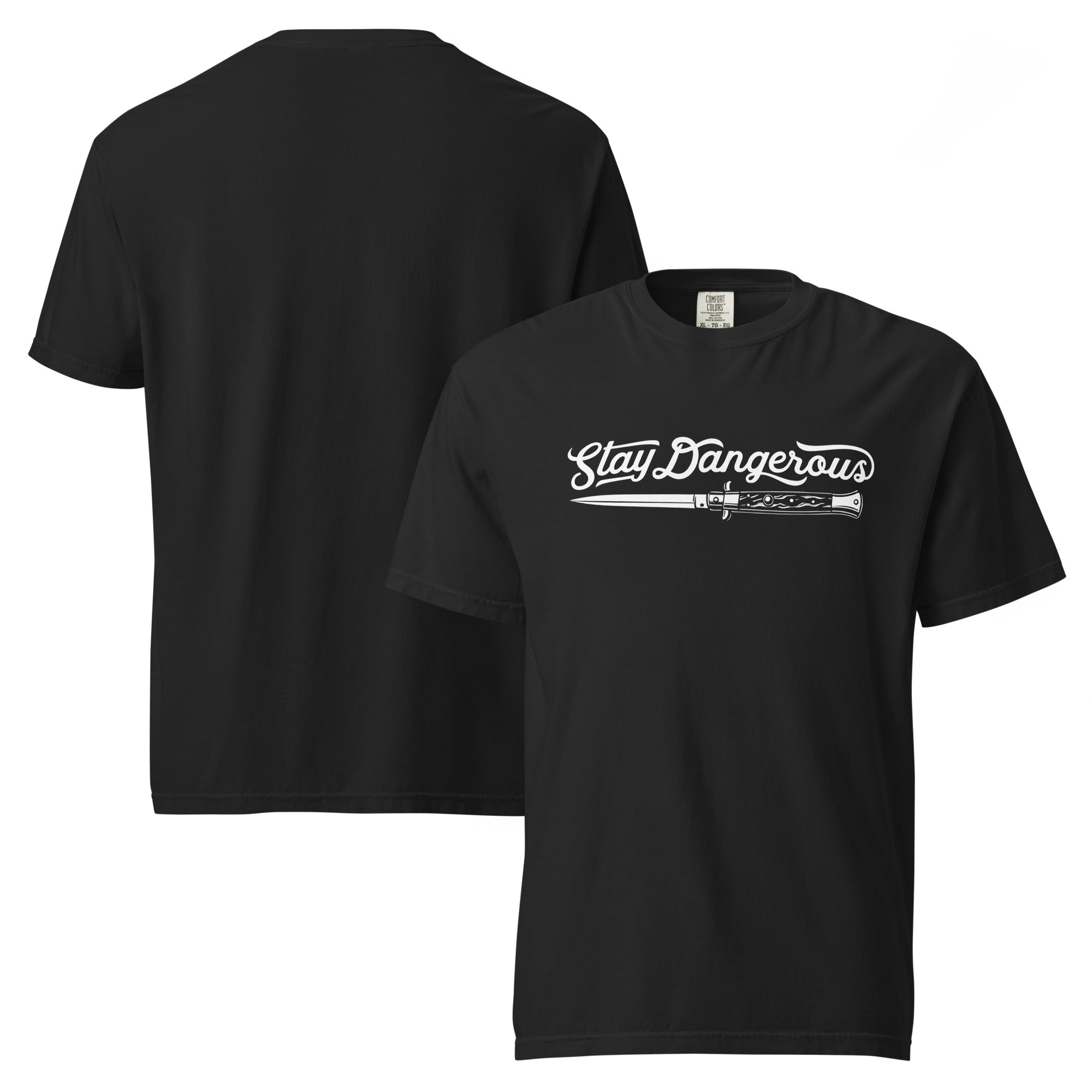 Black t-shirt with 'Stay Dangerous' text and graphic on a white background