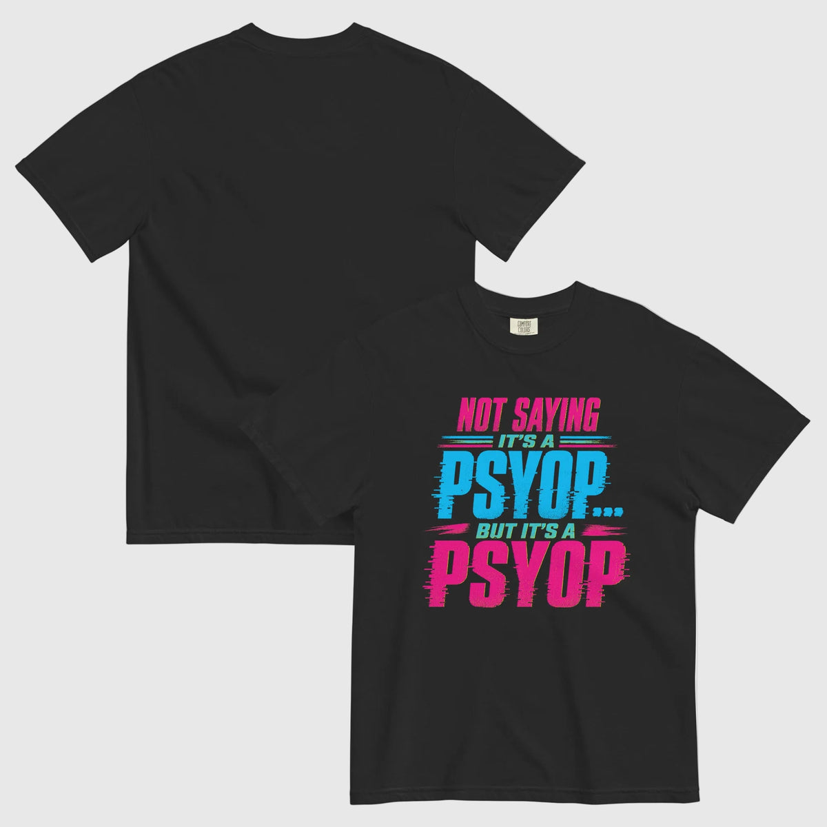 Black t-shirt with colorful text design on a white background