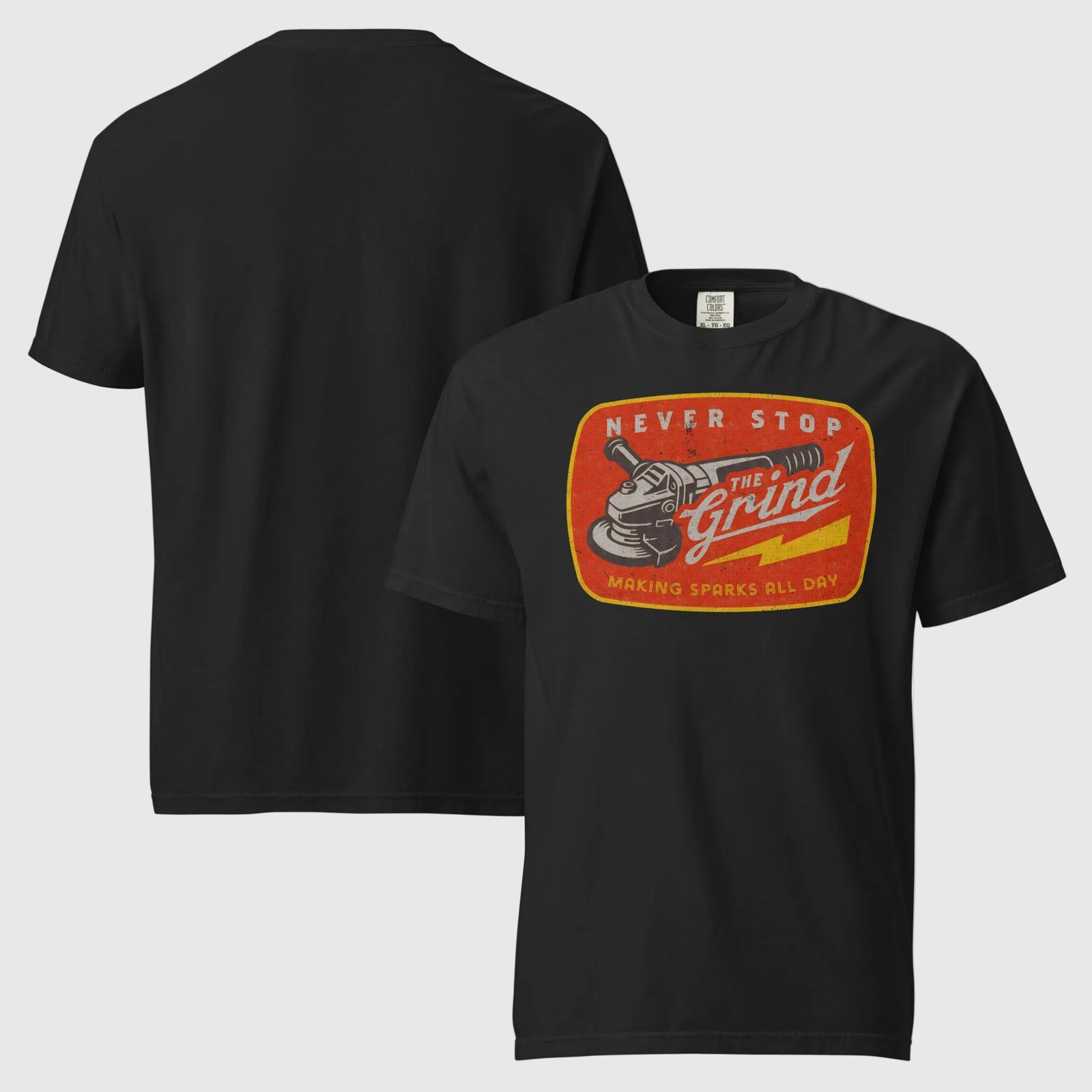 Black t-shirt with 'Never Stop the Grind' graphic on a white background