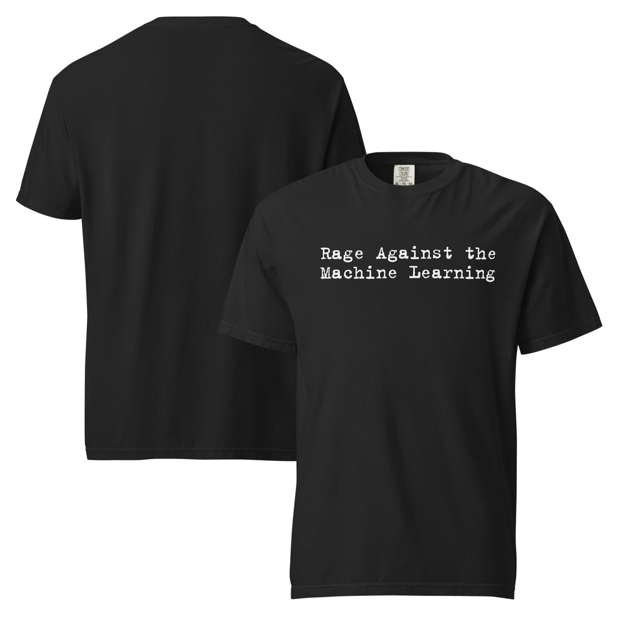 Rage Against the Machine Learning black graphic tee, front and back views