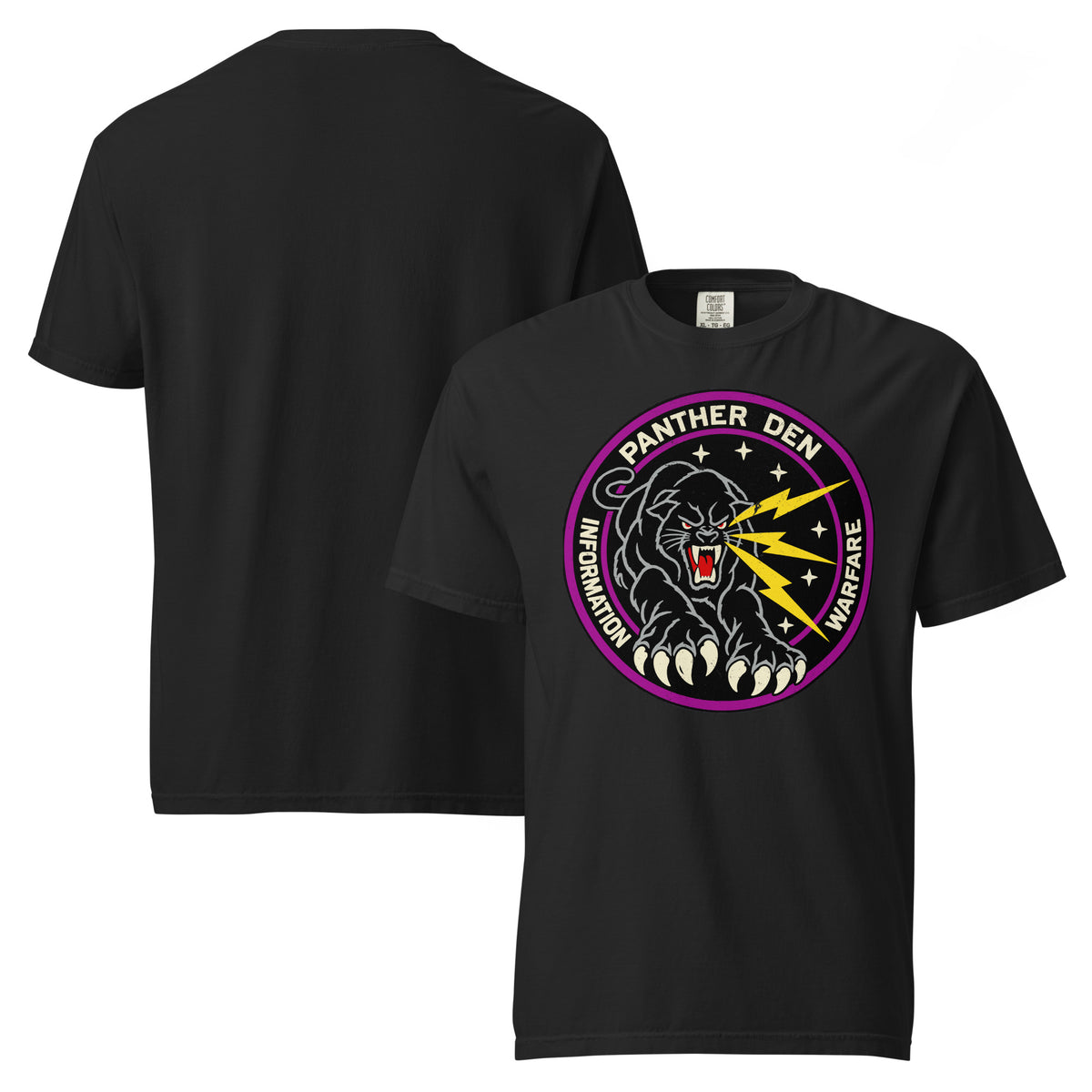 Panther Den Information Warfare T-shirt in black, front and back views