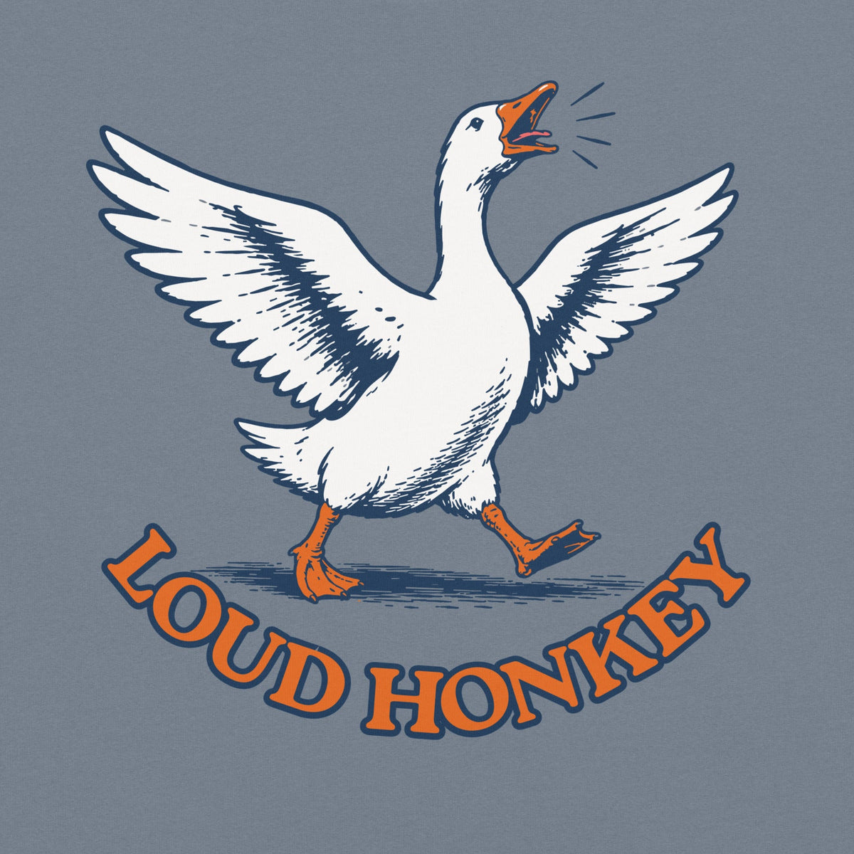 Loud Honkey honking goose graphic tee in Blue Jean, unisex garment-dyed heavyweight t-shirt front view