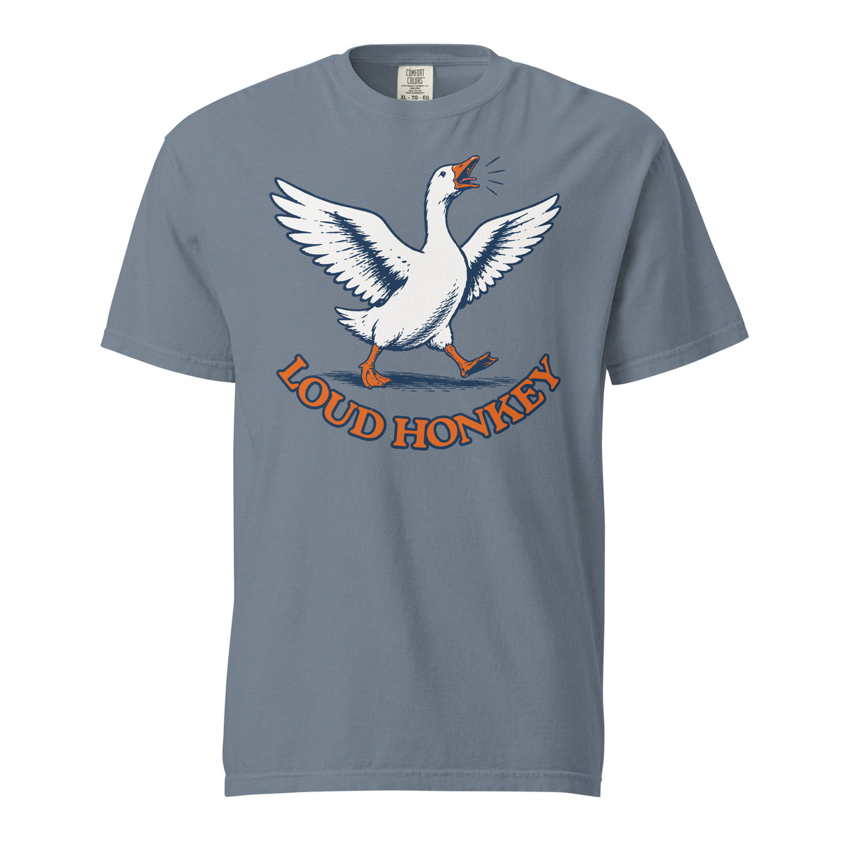 Loud Honkey funny goose graphic t-shirt in denim blue garment-dyed heavyweight cotton, front view