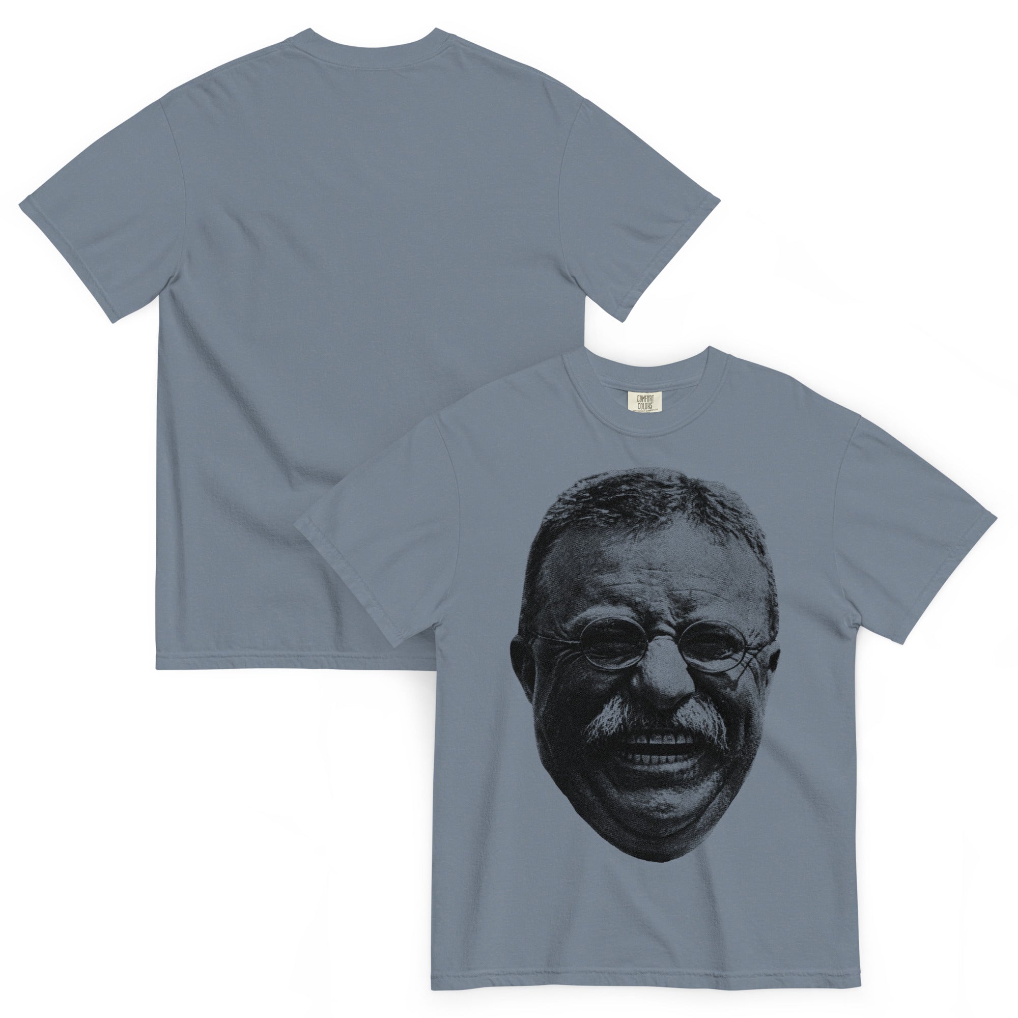 Gray Teddy Roosevelt Laugh Garment-dyed Heavyweight Tee with a graphic of a smiling face on a white background