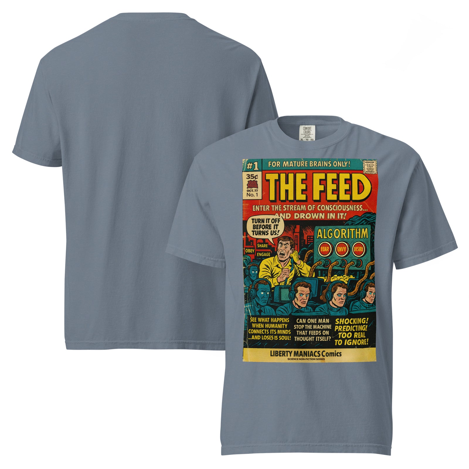 Gray t-shirt with a comic book-style design on the front, displayed on a white background.