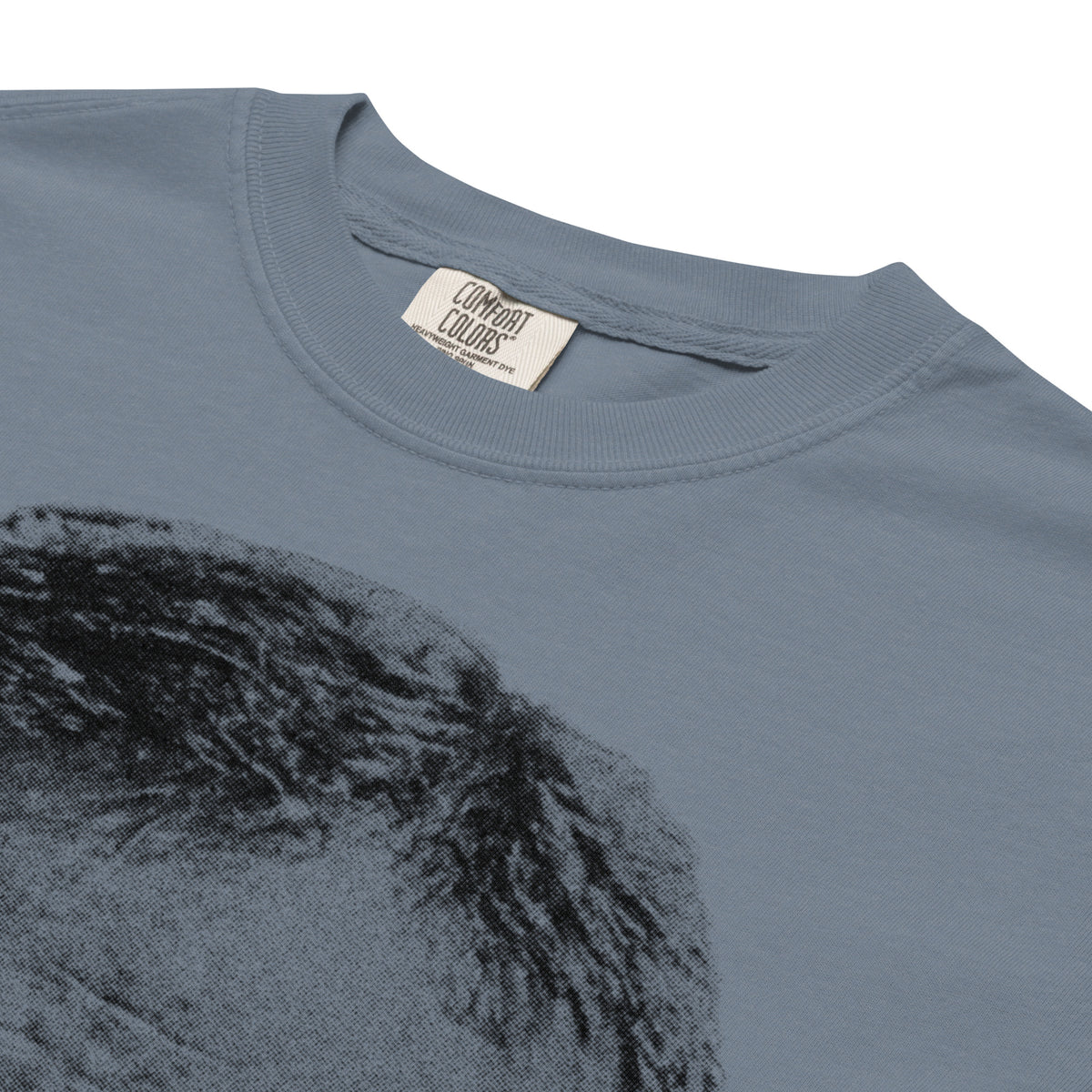 Blue t-shirt with a black graphic design on a white background