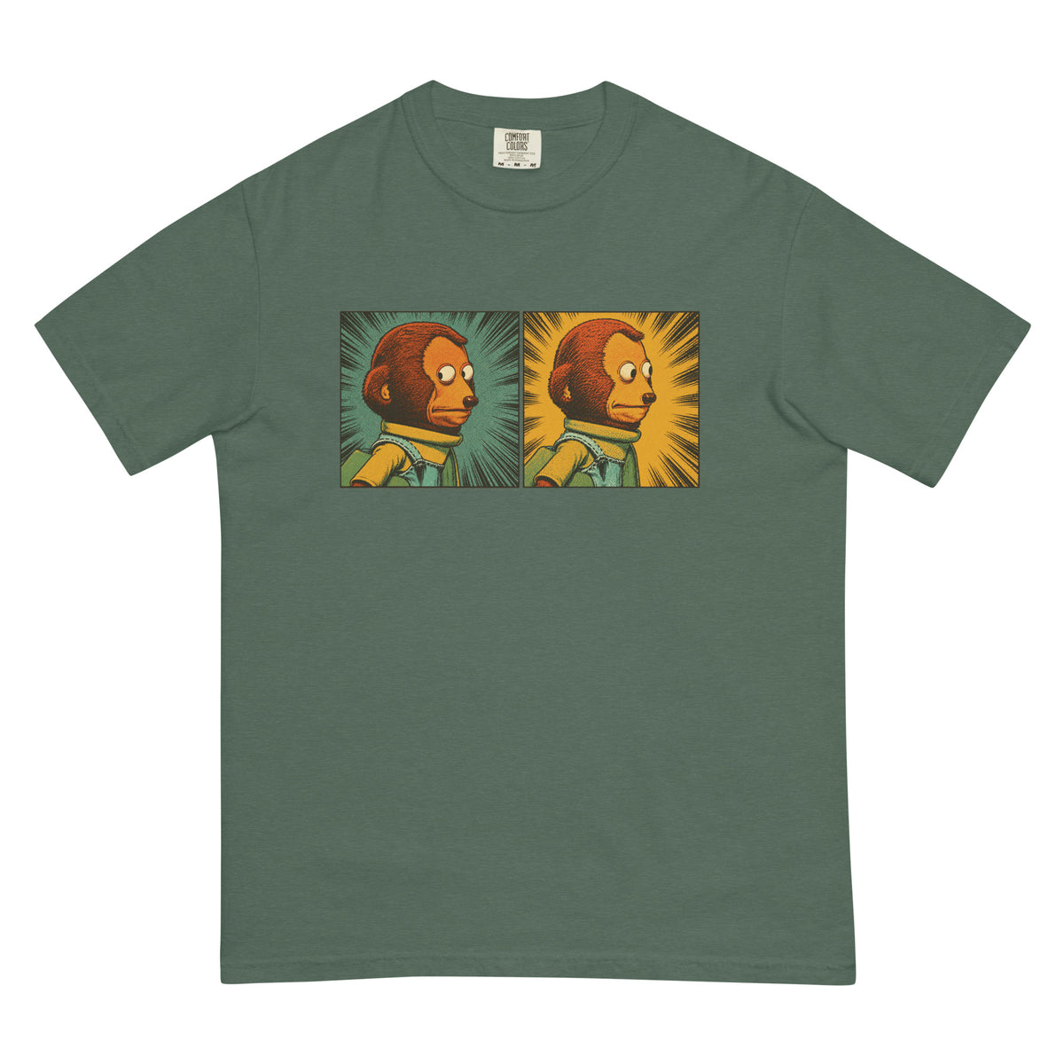 garment-dyed graphic T-shirt featuring a two-panel vintage comic-style monkey making an awkward side-eye expression.