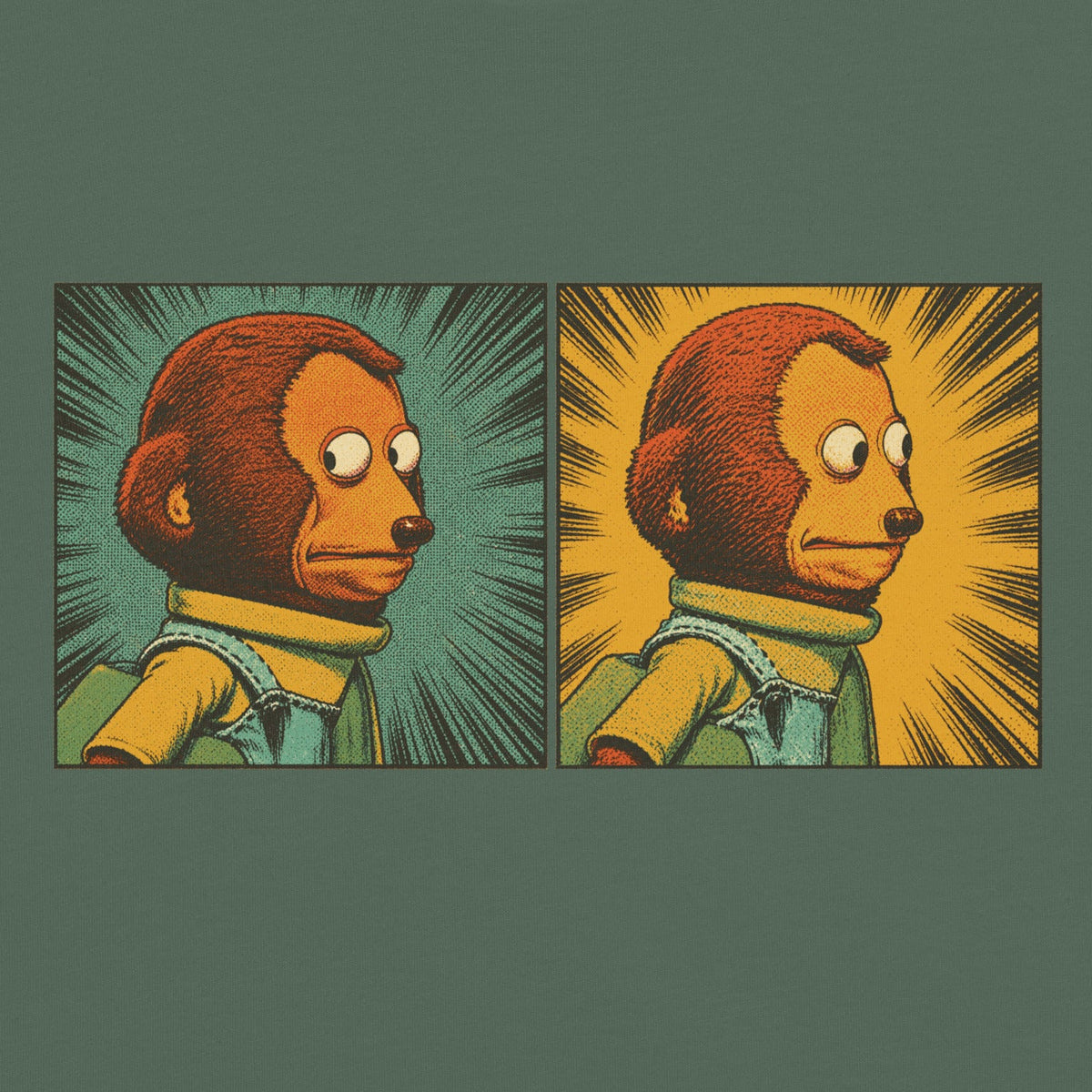Awkward Look Monkey retro garment dyed t-shirts by Liberty Maniacs. Shows the side-eye monkey illustrated art on the front of the sage colored t-shirt in close up.