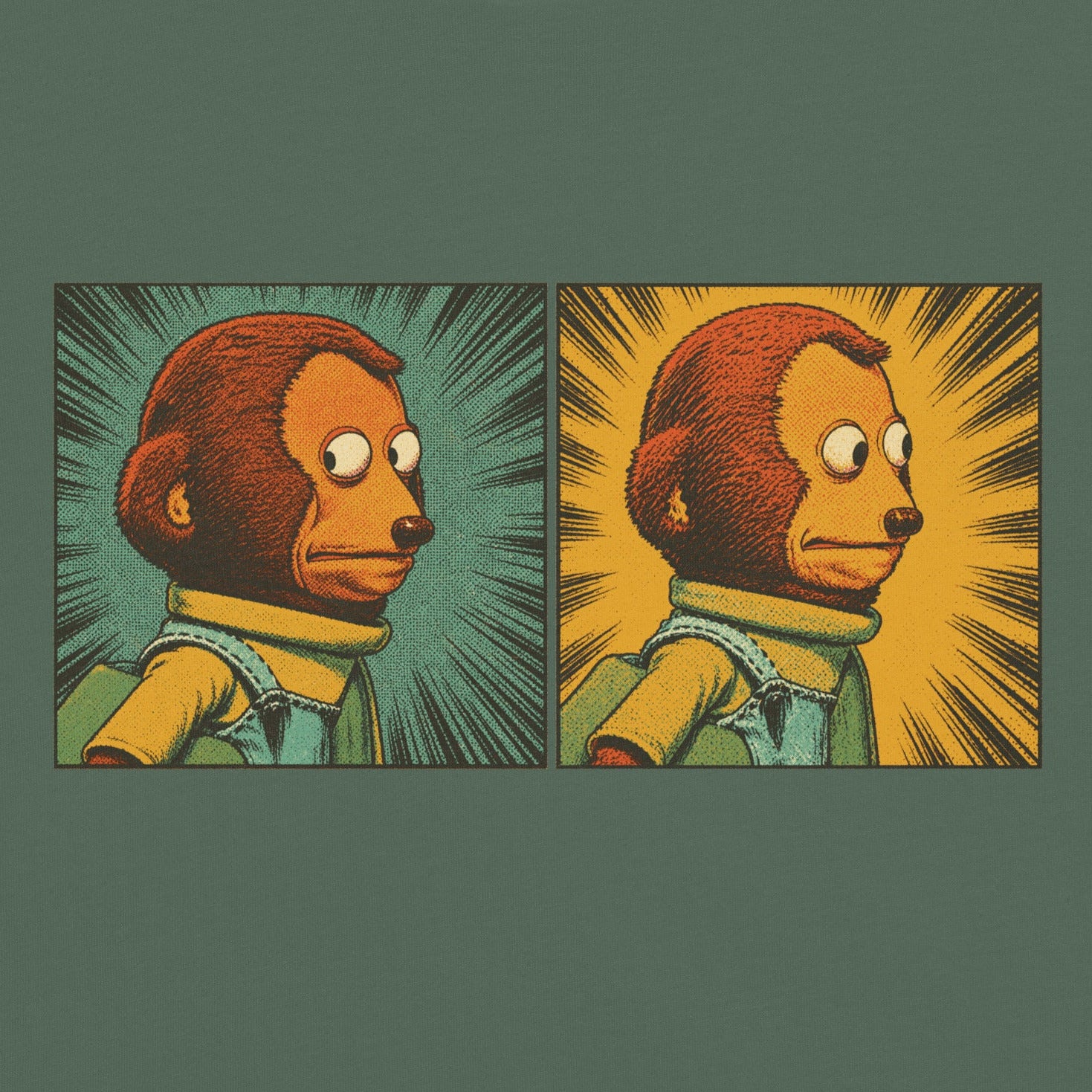 Awkward Look Monkey retro garment dyed t-shirts by Liberty Maniacs. Shows the side-eye monkey illustrated art on the front of the sage colored t-shirt in close up.