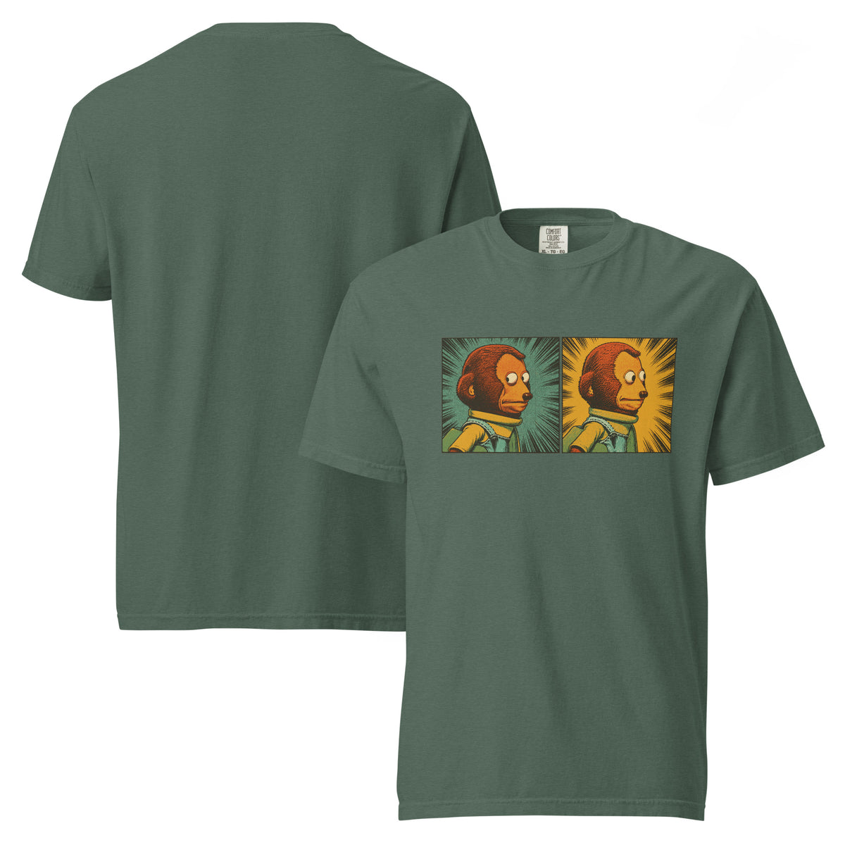 Front and back image of a sage green garment-dyed graphic T-shirt featuring a two-panel vintage comic-style monkey making an awkward side-eye expression.