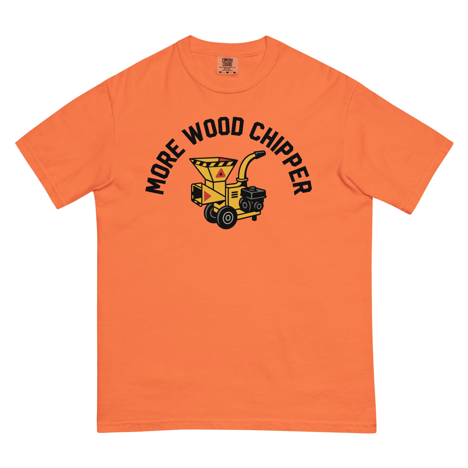 Orange t-shirt with a wood chipper graphic and text on a white background