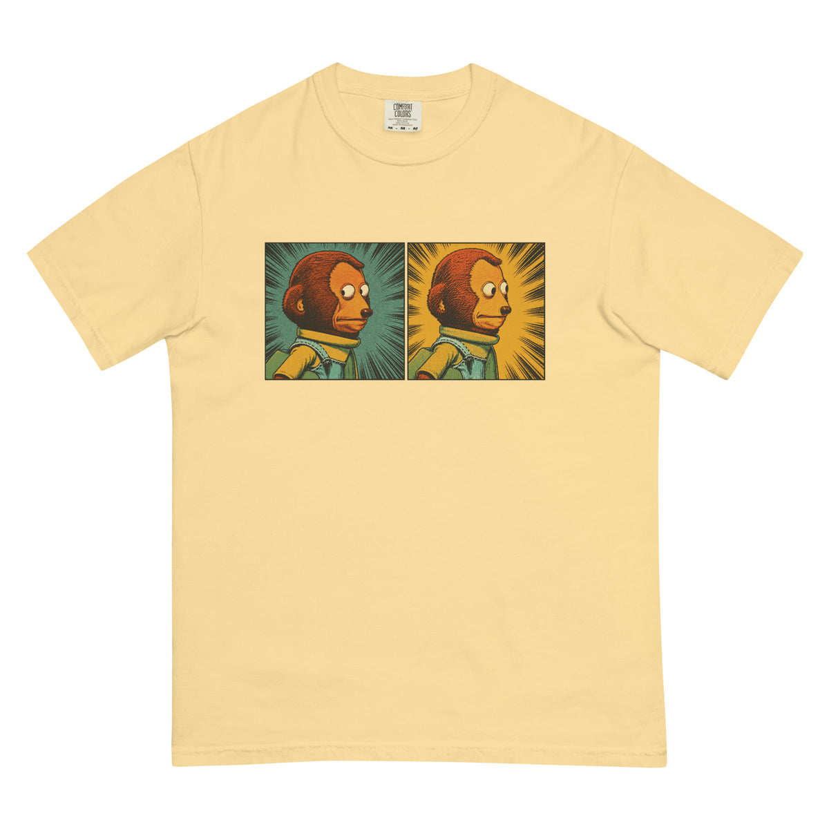 garment-dyed graphic T-shirt featuring a two-panel vintage comic-style monkey making an awkward side-eye expression.