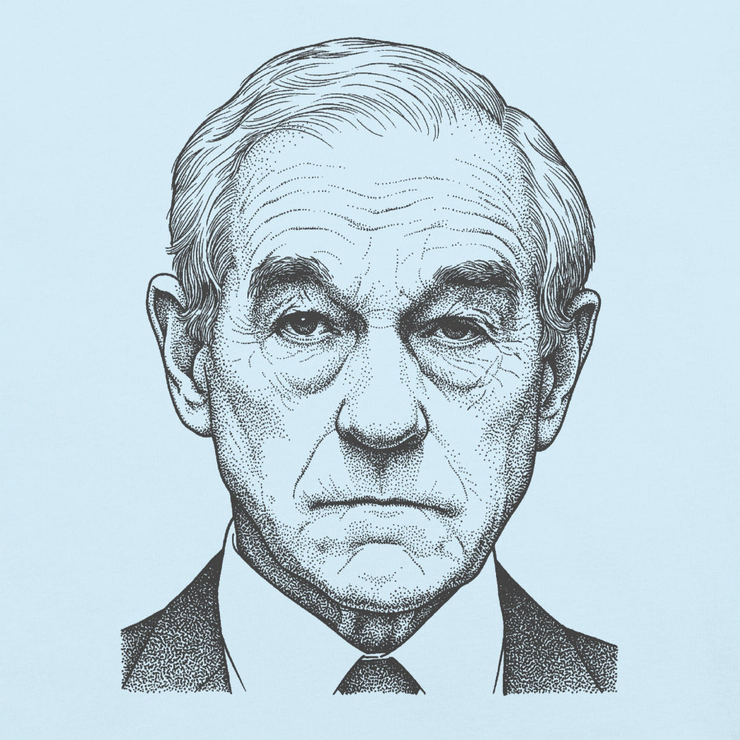 Closeup of a stipple art illustrated ink portrait by Liberty Maniacs of a disappointed Ron Paul on a t-shirt.