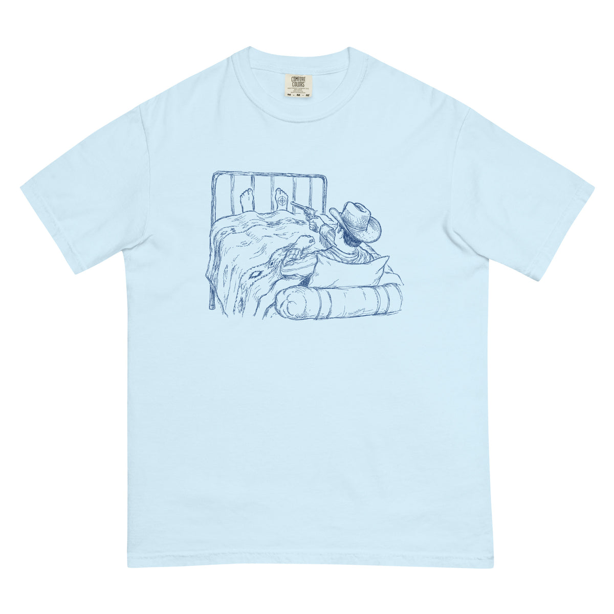 Light blue t-shirt with a graphic of a cowboy lying in bed shooting himself in the foot on a white background