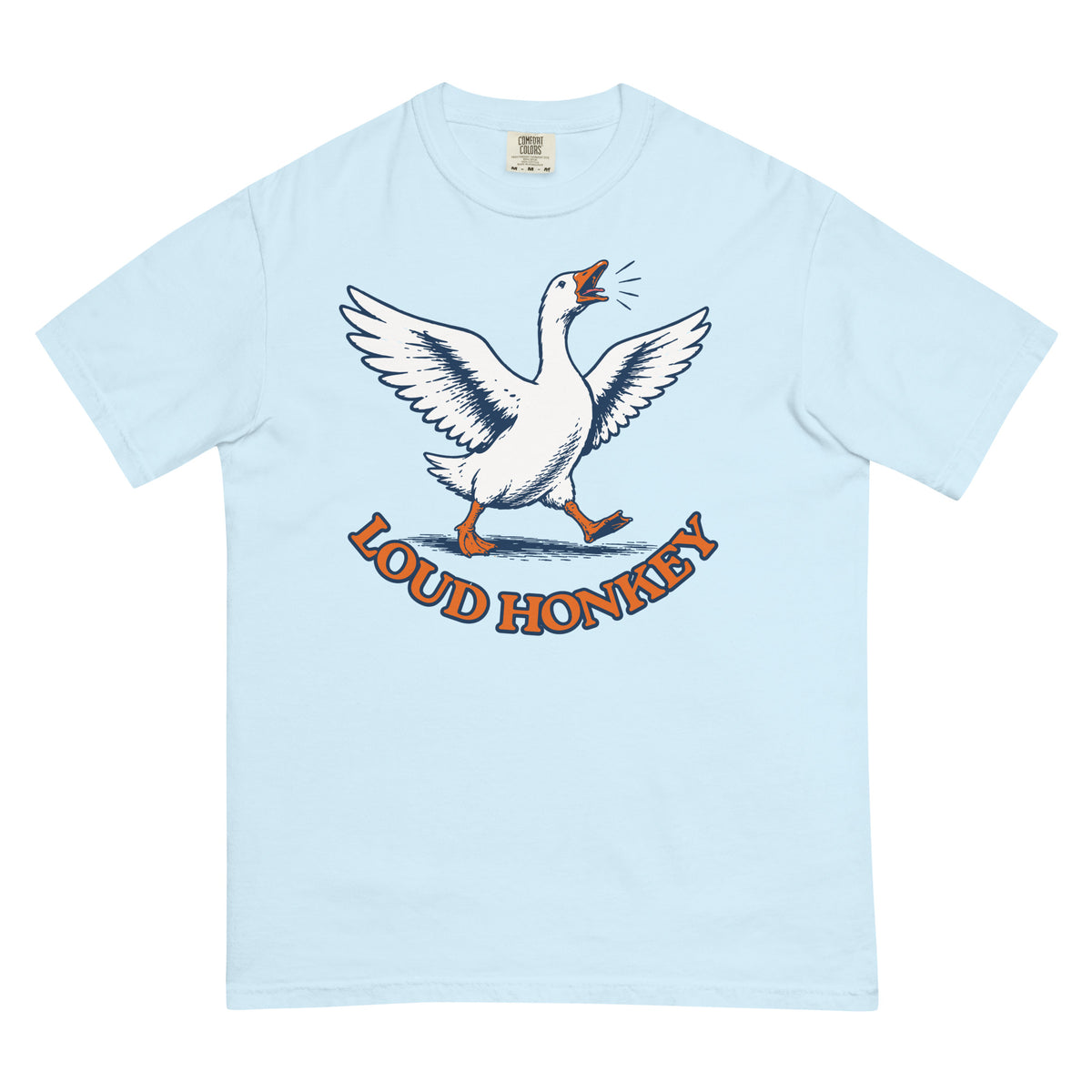 Loud Honkey funny goose graphic t-shirt in Chambray garment-dyed heavyweight cotton, front view