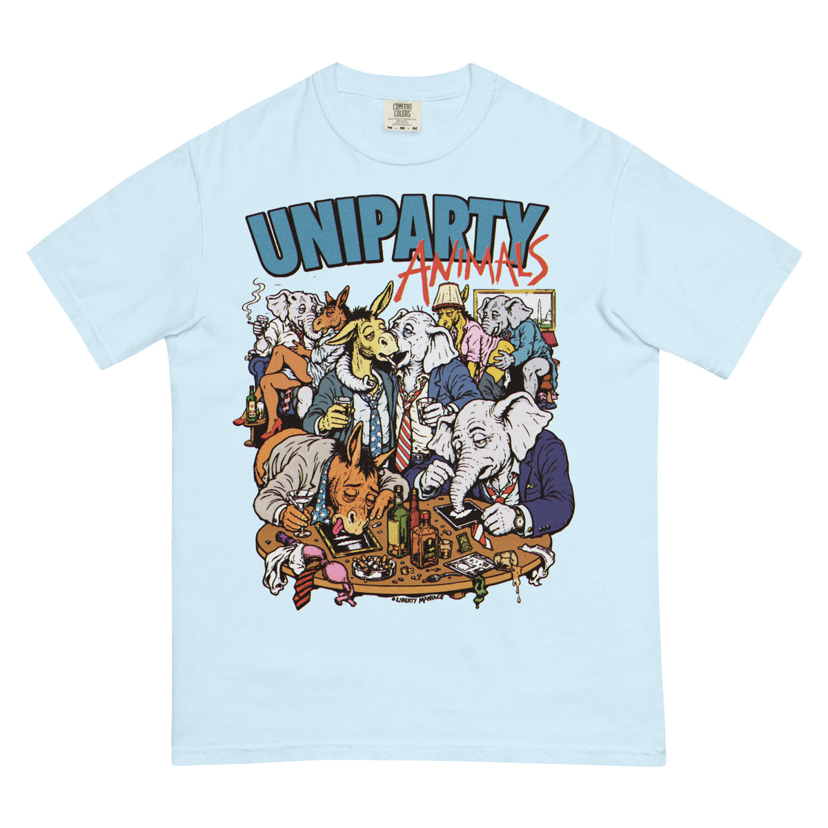 A light blue short-sleeve crewneck t-shirt featuring a large graphic print on the front. The graphic displays the text 'UNIPARTY ANIMALS' in blue and red, above a detailed cartoon illustration of various animals, including elephants, dressed in suits gathered around a table.