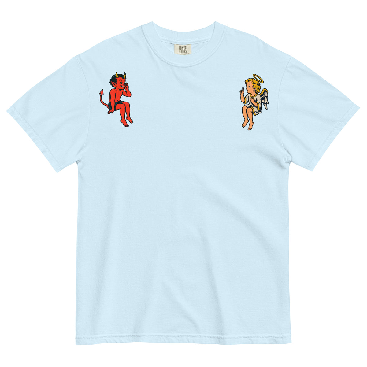 Chambray blue angel and devil shoulder graphic heavyweight tee, front view