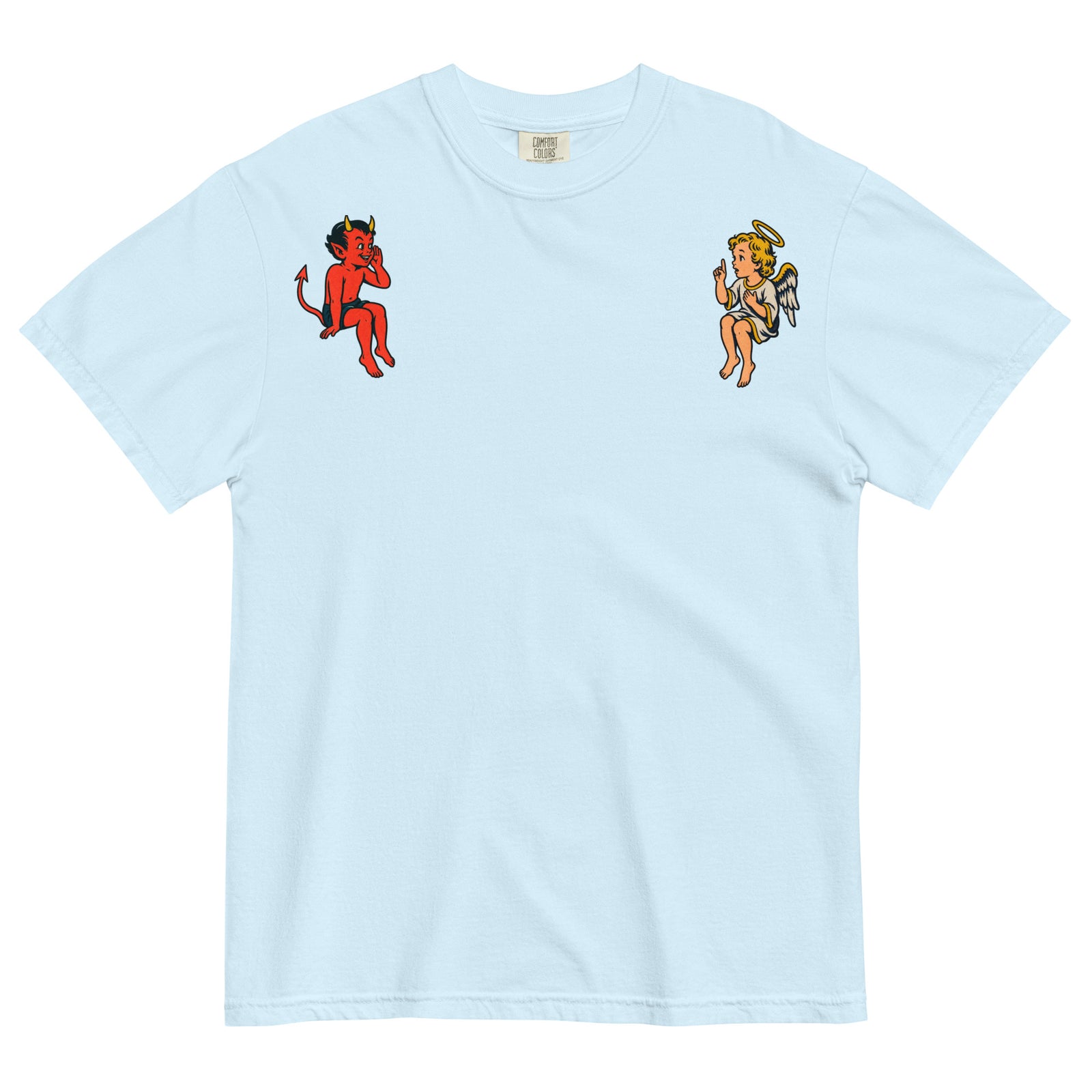 Chambray blue angel and devil shoulder graphic heavyweight tee, front view