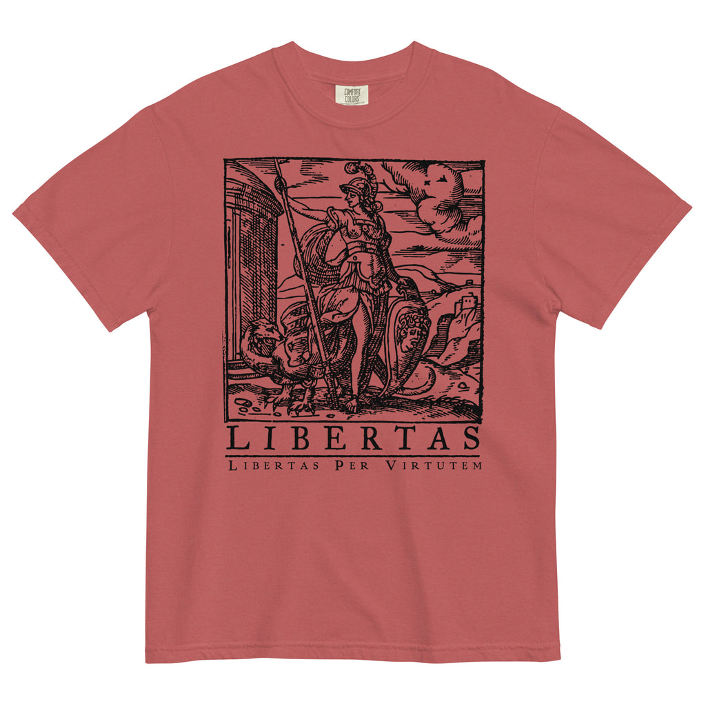A red crew neck t-shirt with a graphic print of the Roman goddess Libertas holding a spear and standing next to a dragon, with the words 'LIBERTAS LIBERTAS PER VIRTUTEM' printed at the bottom.