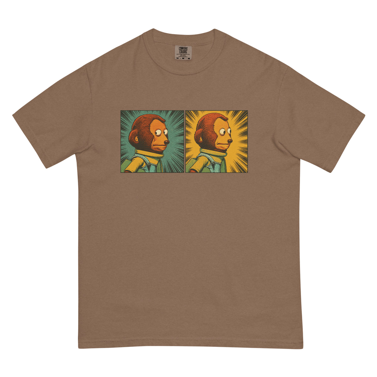 garment-dyed graphic T-shirt featuring a two-panel vintage comic-style monkey making an awkward side-eye expression.