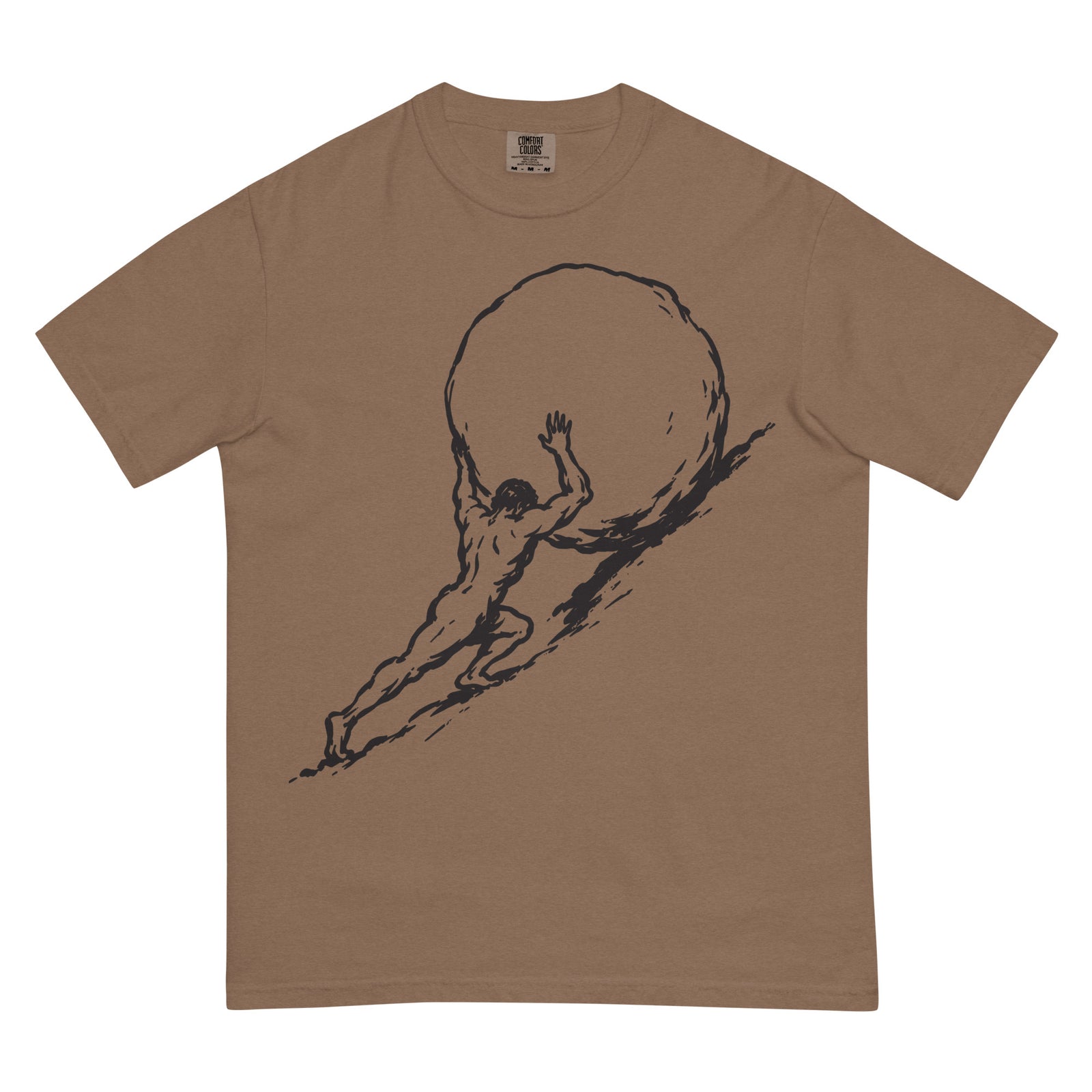 Brown Sisyphus t-shirt with black graphic of a man pushing a large boulder on a white background