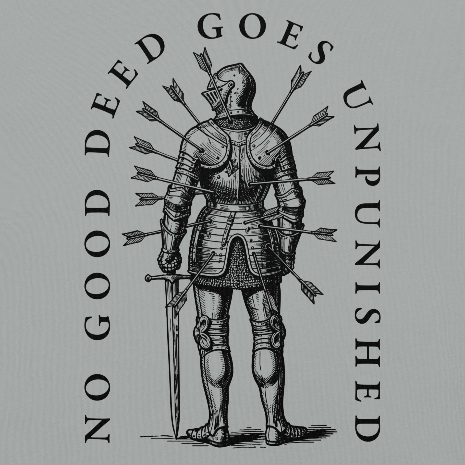 Minimalist graphic t-shirt featuring an illustrated medieval knight pierced by arrows with the Latin phrase Virtus Vulnerata Vincit (“Virtue, though wounded, conquers”).