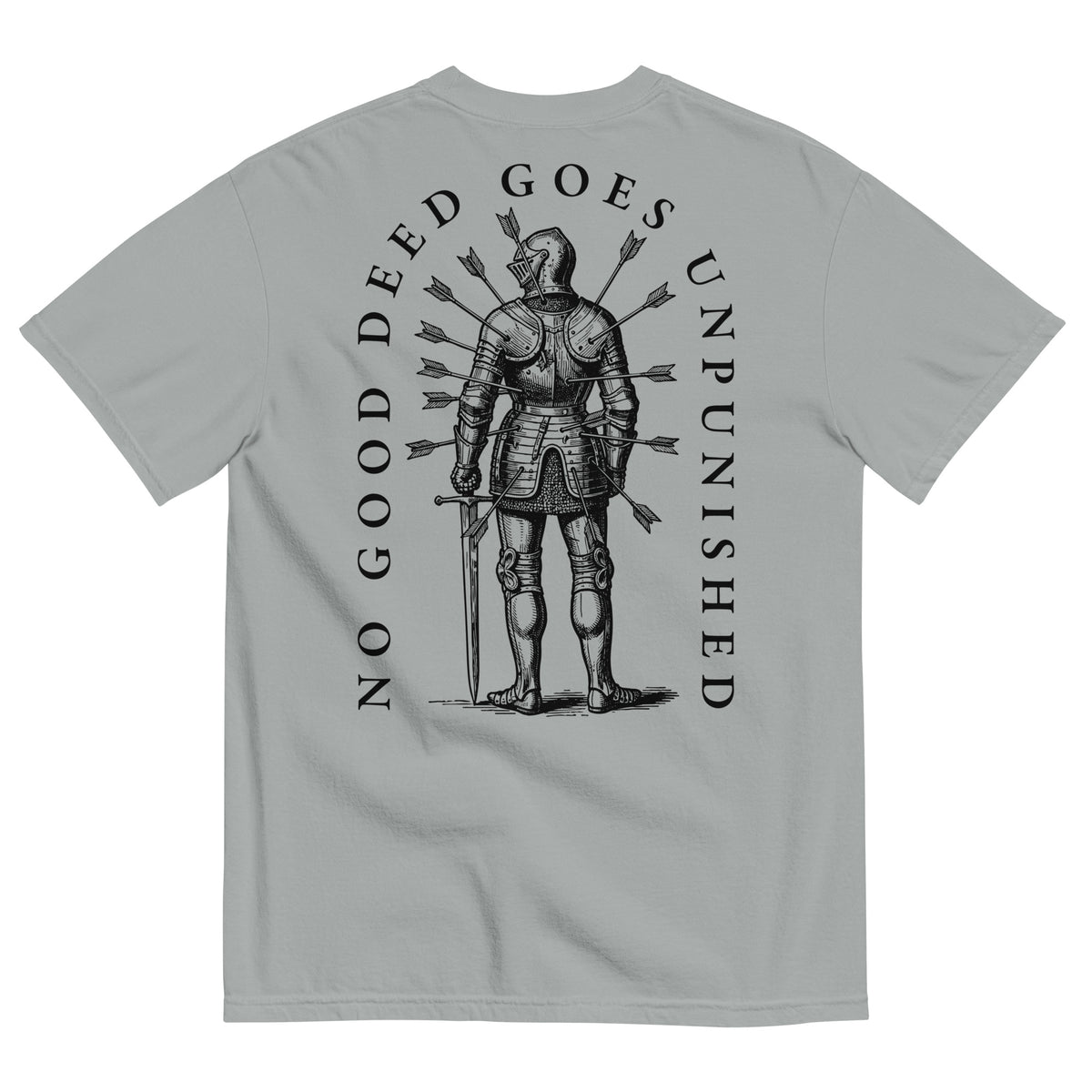 Minimalist graphic t-shirt featuring an illustrated medieval knight pierced by arrows with the Latin phrase Virtus Vulnerata Vincit (“Virtue, though wounded, conquers”).