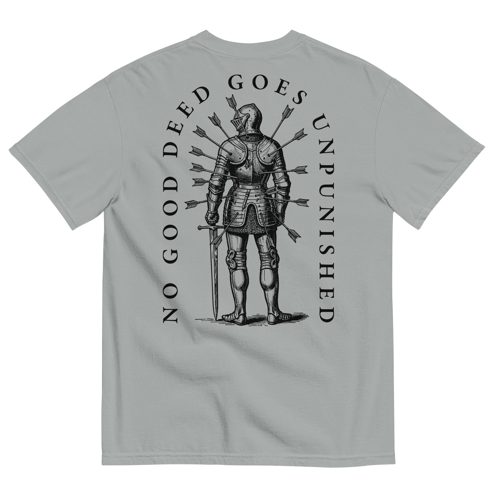 Minimalist graphic t-shirt featuring an illustrated medieval knight pierced by arrows with the Latin phrase Virtus Vulnerata Vincit (“Virtue, though wounded, conquers”).