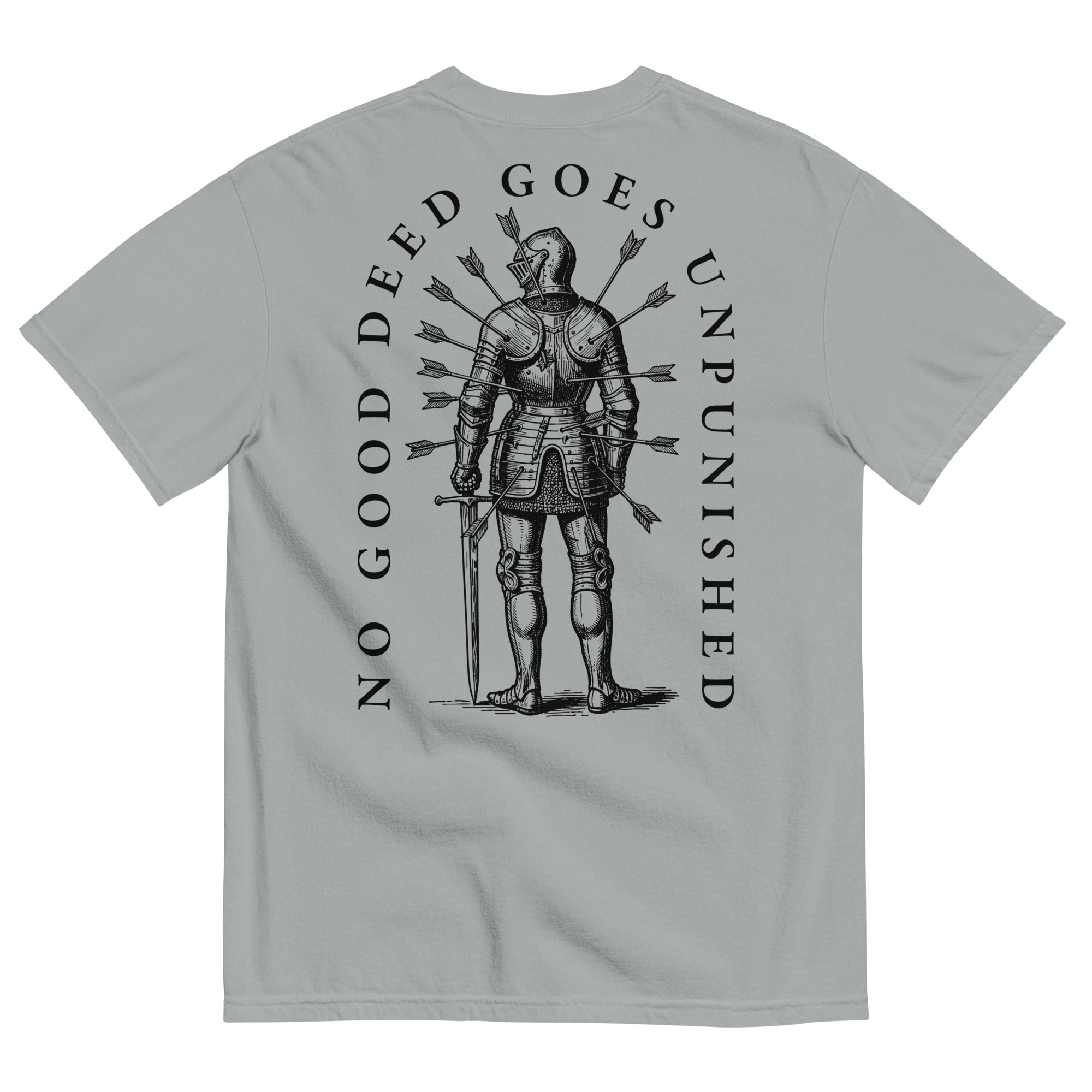 Minimalist graphic t-shirt featuring an illustrated medieval knight pierced by arrows with the Latin phrase Virtus Vulnerata Vincit (“Virtue, though wounded, conquers”).