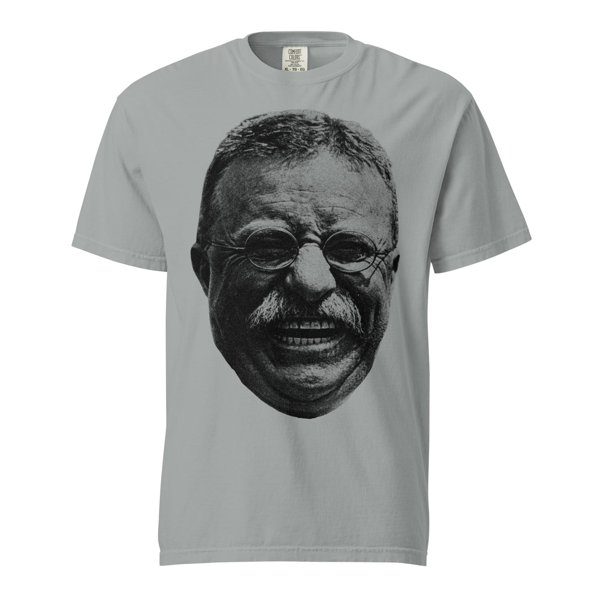 Gray Teddy Roosevelt Laugh Garment-dyed Heavyweight Tee e on a white background